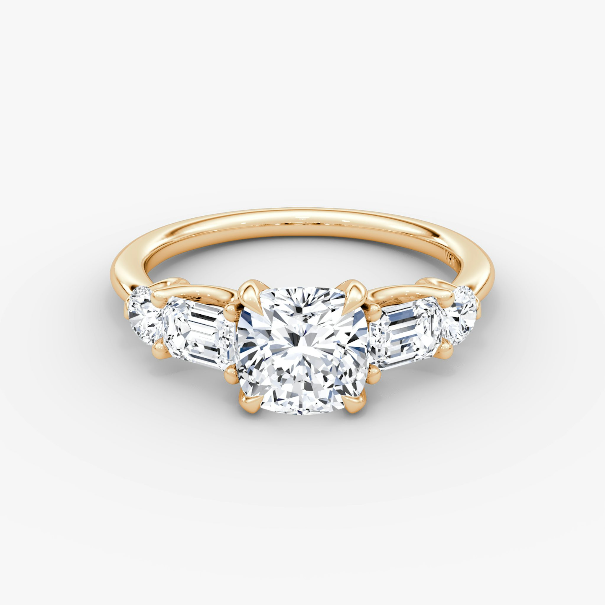 The Mixed Shape | Cushion | 14k | Rose Gold | bandAccent: Plain | sideStoneOrientation: horizontal | sideStoneShape: Emerald and Round Brilliant | diamondOrientation: vertical | caratWeight: other