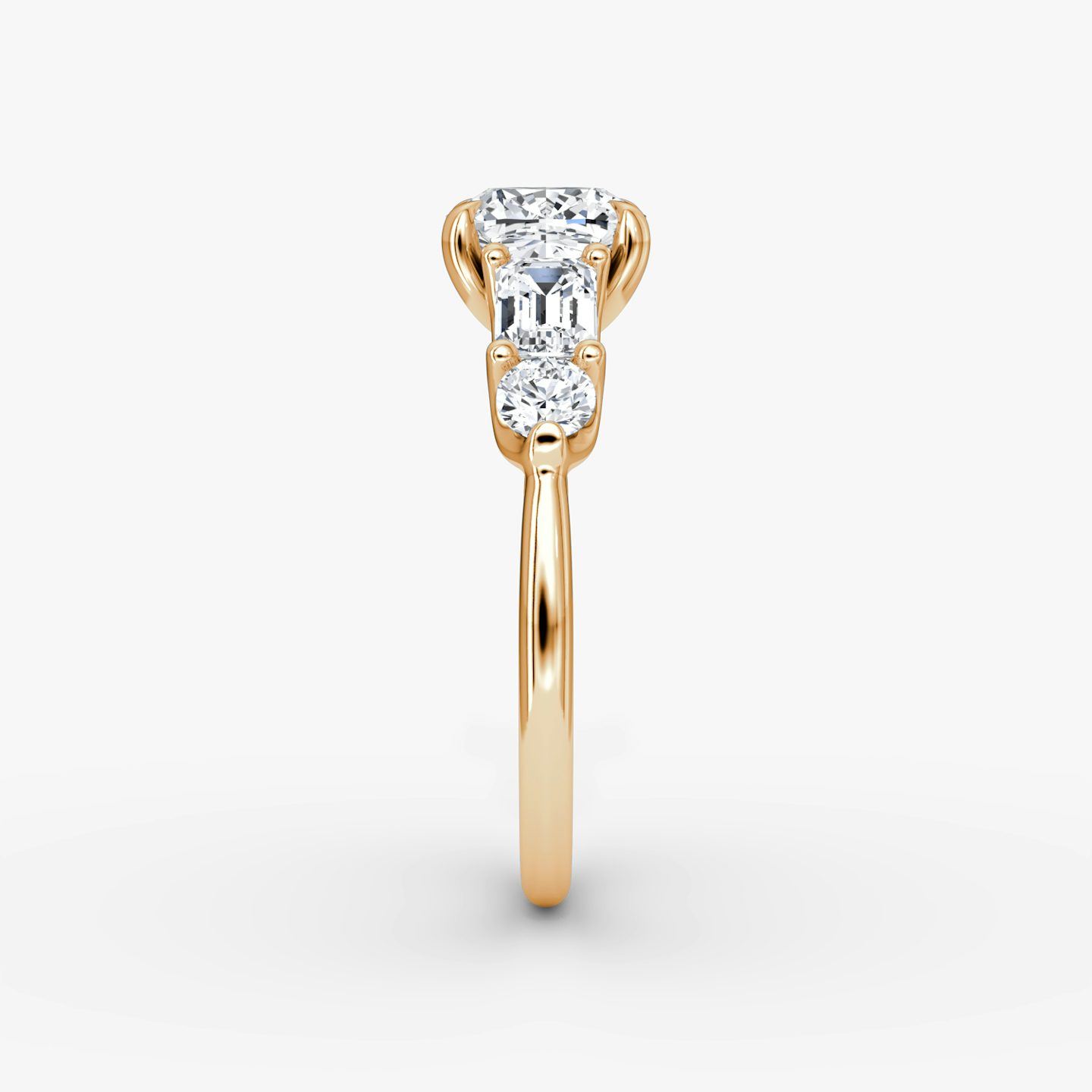 The Mixed Shape | Cushion | 14k | Rose Gold | bandAccent: Plain | sideStoneOrientation: horizontal | sideStoneShape: Emerald and Round Brilliant | diamondOrientation: vertical | caratWeight: other