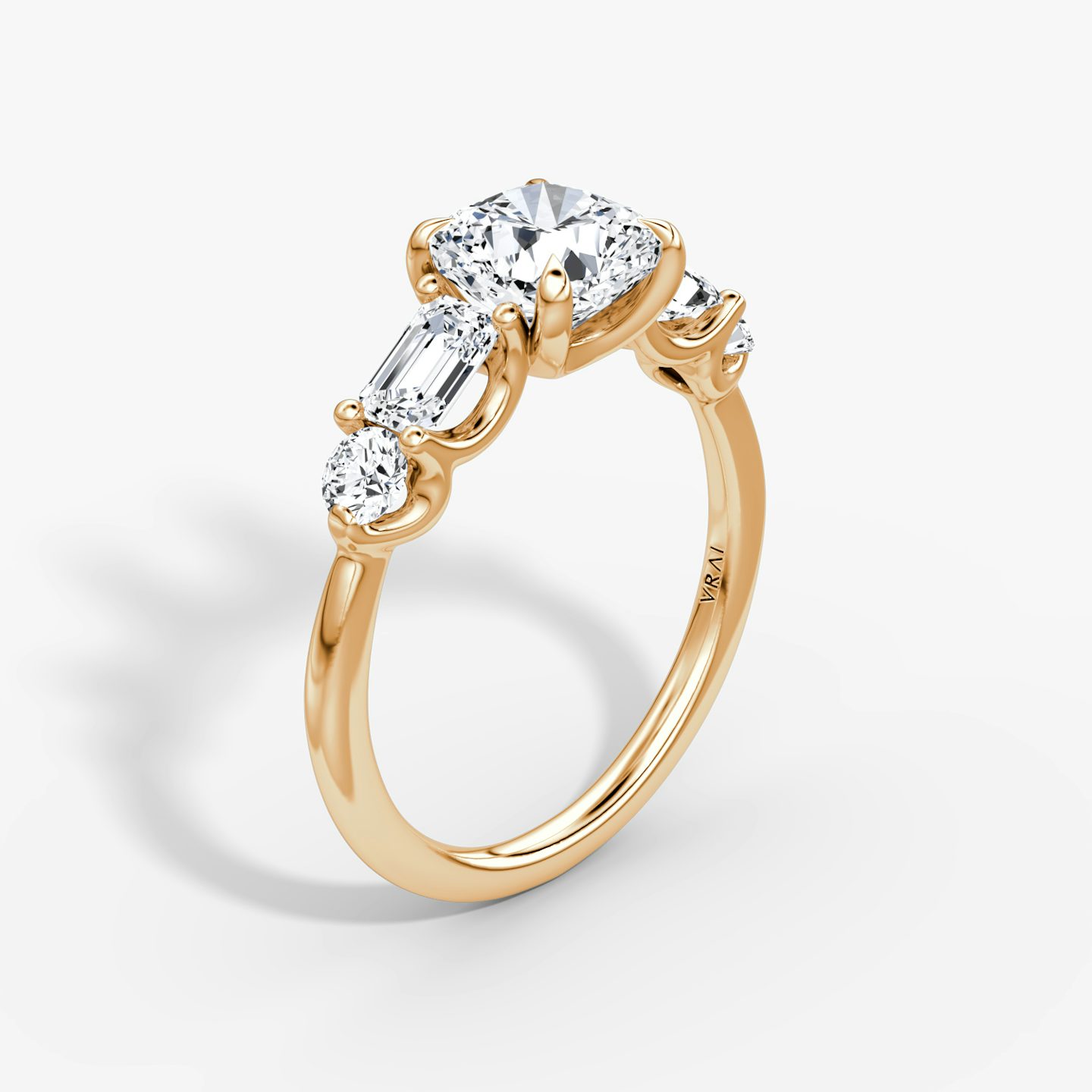 The Mixed Shape | Cushion | 14k | Rose Gold | bandAccent: Plain | sideStoneOrientation: horizontal | sideStoneShape: Emerald and Round Brilliant | diamondOrientation: vertical | caratWeight: other
