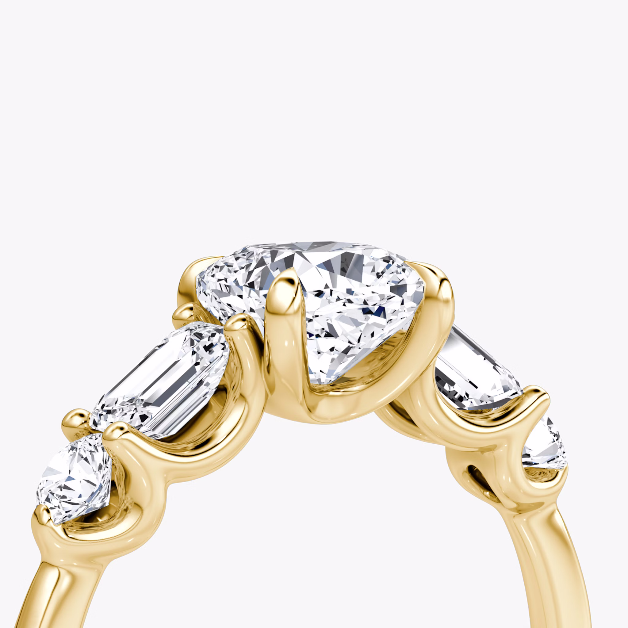 The Mixed Shape | Cushion | 18k | Yellow Gold | bandAccent: Plain | sideStoneOrientation: horizontal | sideStoneShape: Emerald and Round Brilliant | diamondOrientation: vertical | caratWeight: other