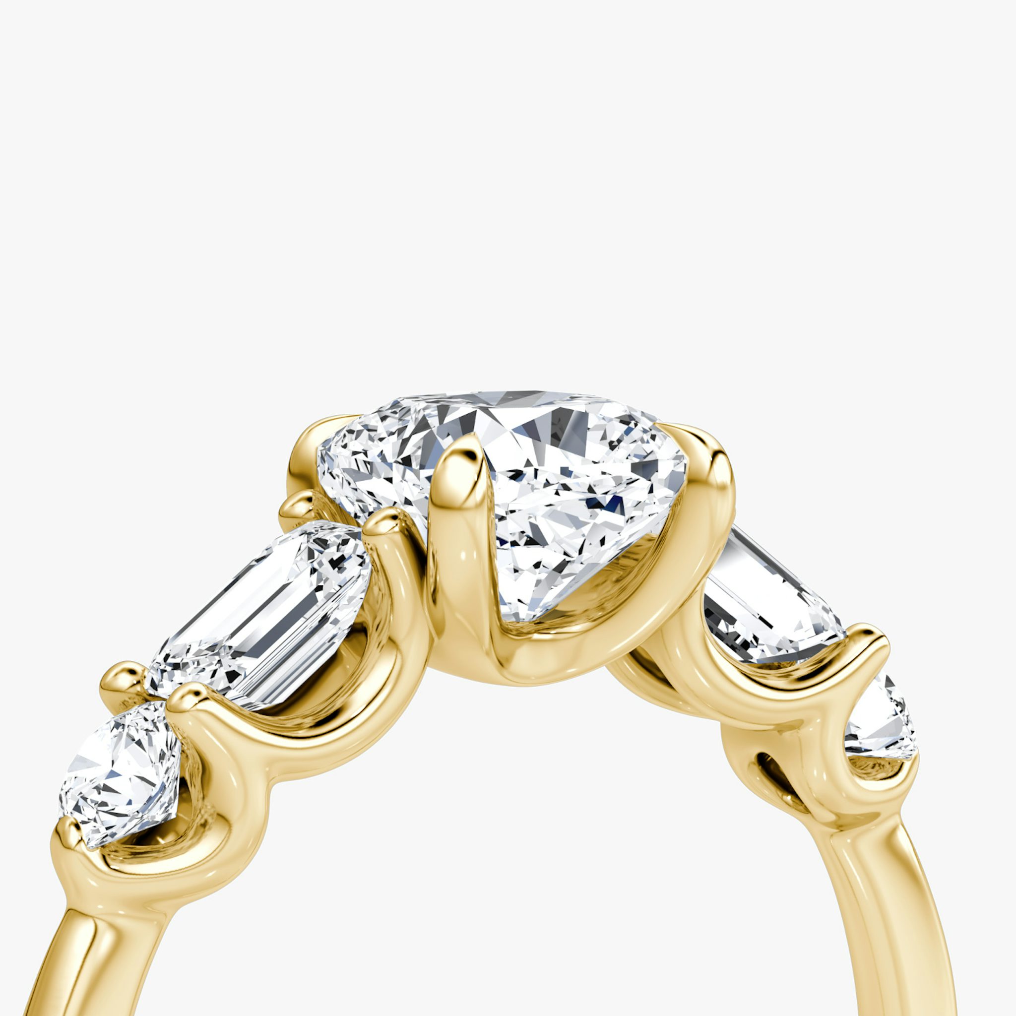 The Mixed Shape | Cushion | 18k | Yellow Gold | bandAccent: Plain | sideStoneOrientation: horizontal | sideStoneShape: Emerald and Round Brilliant | diamondOrientation: vertical | caratWeight: other