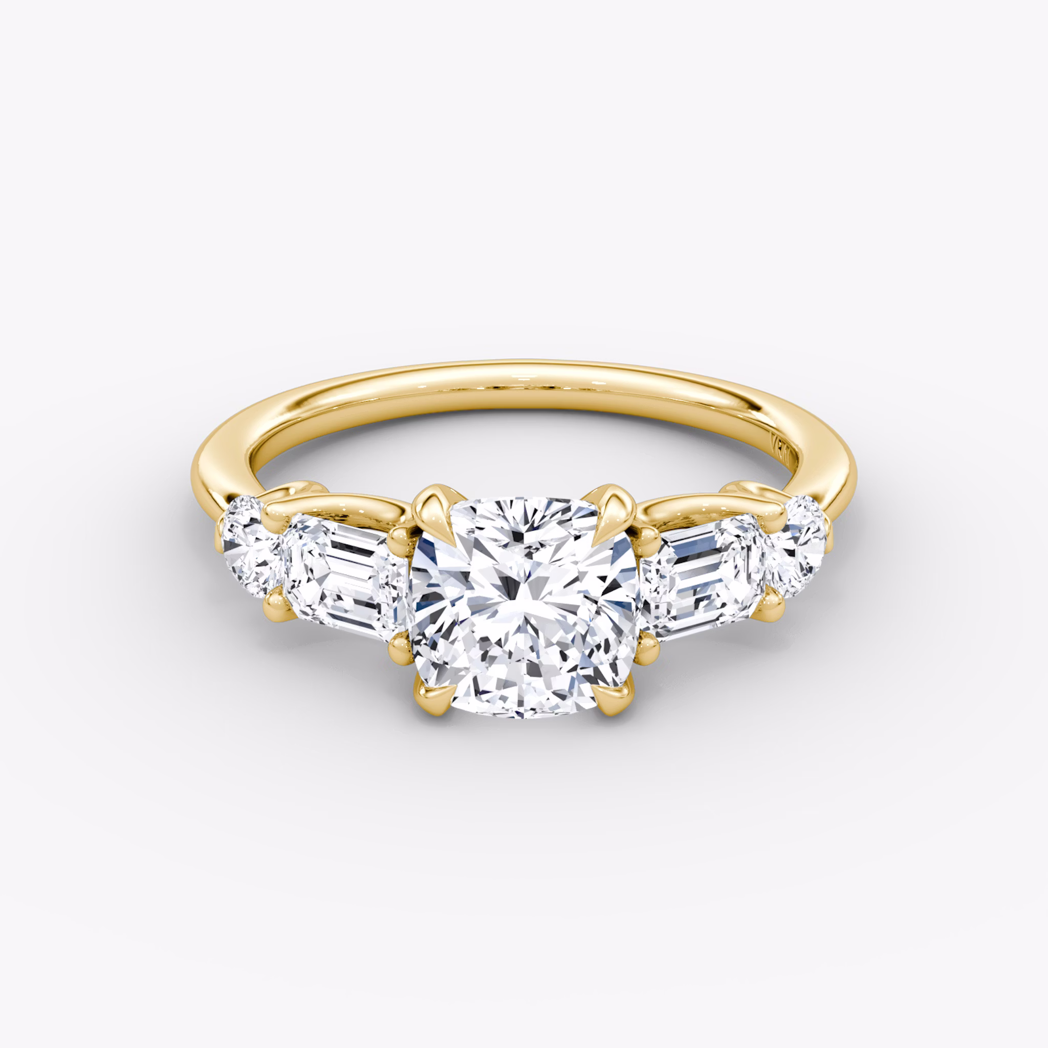 The Mixed Shape | Cushion | 18k | Yellow Gold | bandAccent: Plain | sideStoneOrientation: horizontal | sideStoneShape: Emerald and Round Brilliant | diamondOrientation: vertical | caratWeight: other