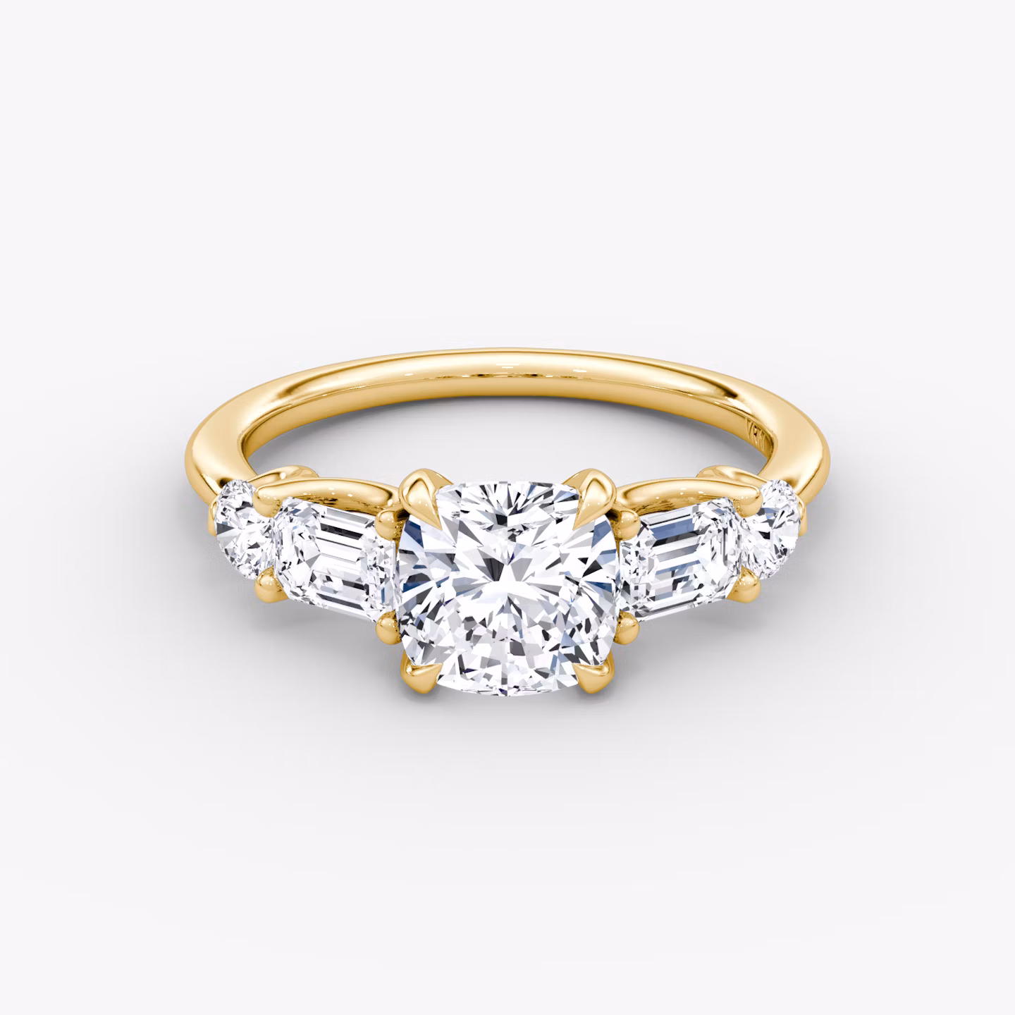 The Mixed Shape | Cushion | 18k | Yellow Gold | bandAccent: Plain | sideStoneOrientation: horizontal | sideStoneShape: Emerald and Round Brilliant | diamondOrientation: vertical | caratWeight: other