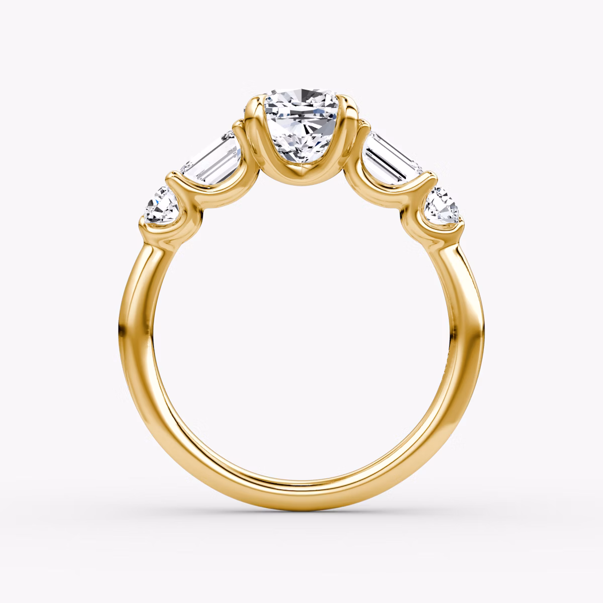 The Mixed Shape | Cushion | 18k | Yellow Gold | bandAccent: Plain | sideStoneOrientation: horizontal | sideStoneShape: Emerald and Round Brilliant | diamondOrientation: vertical | caratWeight: other