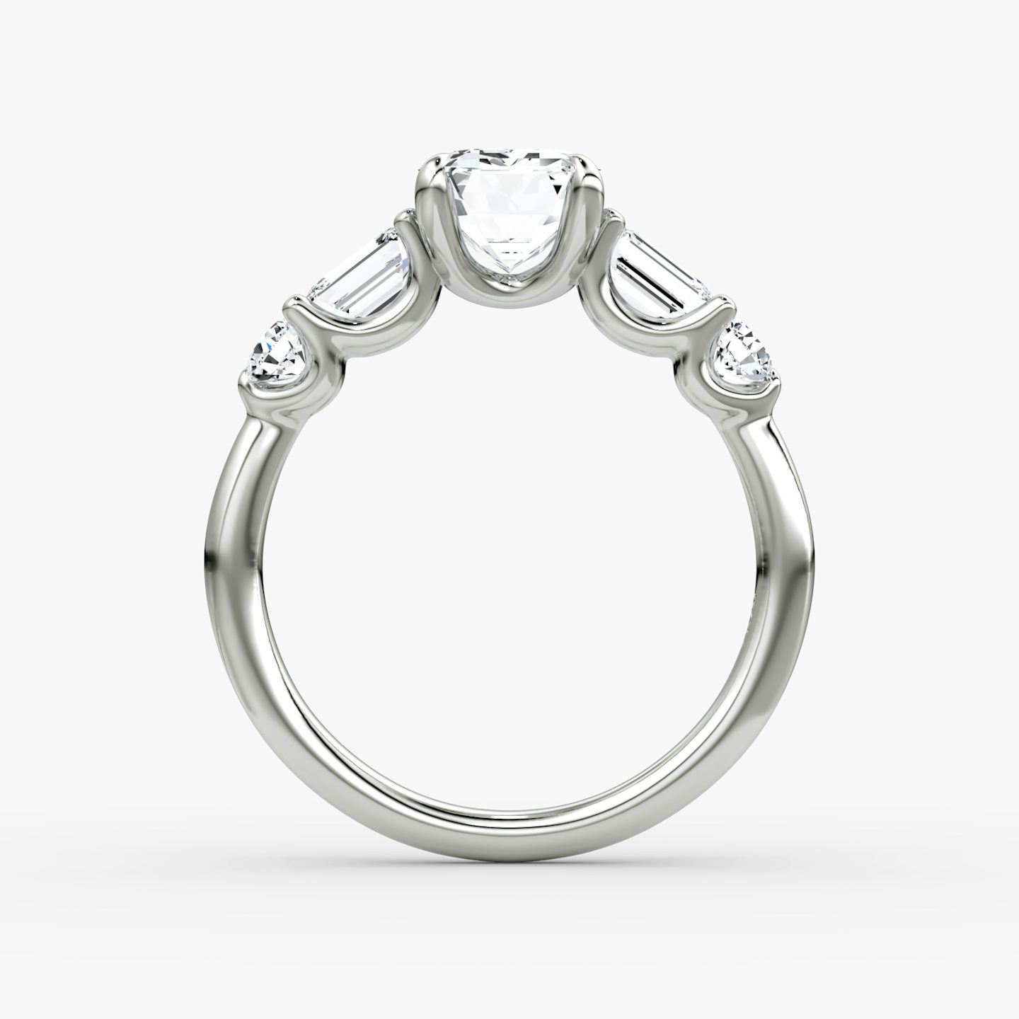 The Mixed Shape | Emerald | Platinum | bandAccent: Plain | sideStoneOrientation: horizontal | sideStoneShape: Emerald and Round Brilliant | diamondOrientation: vertical | caratWeight: other