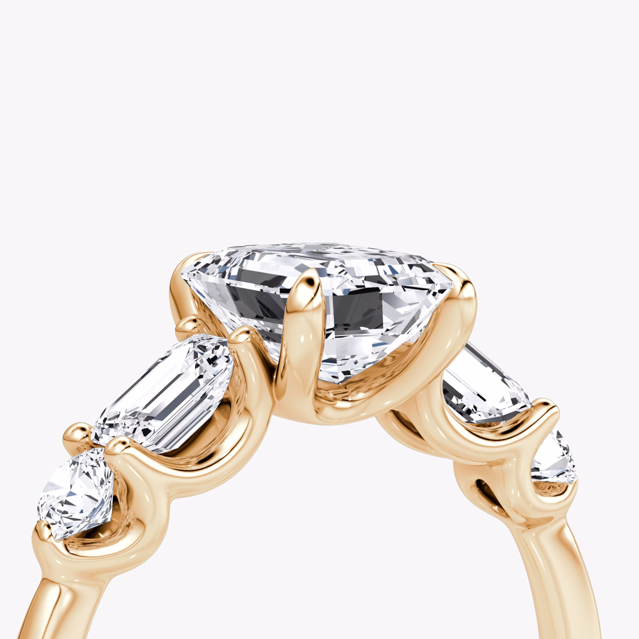 The Mixed Shape | Emerald | 14k | Rose Gold | bandAccent: Plain | sideStoneOrientation: horizontal | sideStoneShape: Emerald and Round Brilliant | diamondOrientation: vertical | caratWeight: other