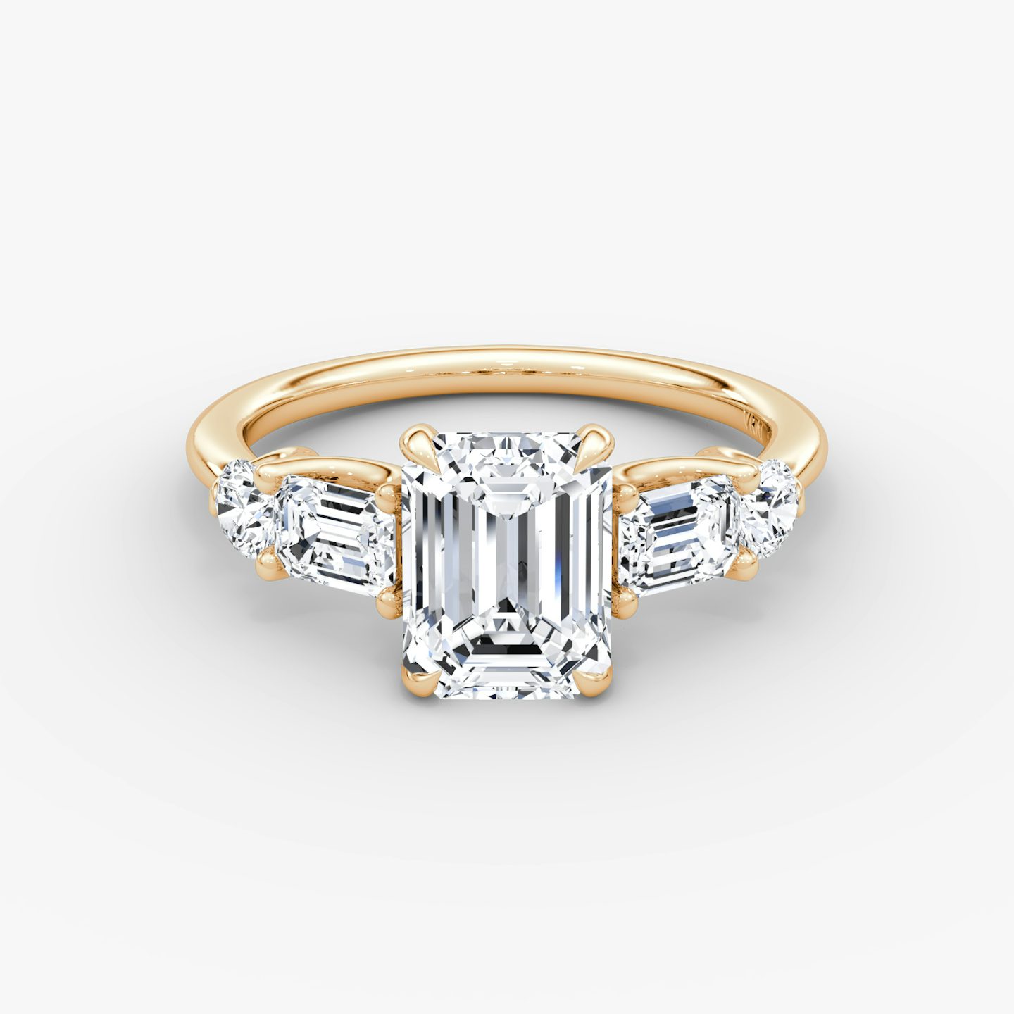 The Mixed Shape | Emerald | 14k | Rose Gold | bandAccent: Plain | sideStoneOrientation: horizontal | sideStoneShape: Emerald and Round Brilliant | diamondOrientation: vertical | caratWeight: other