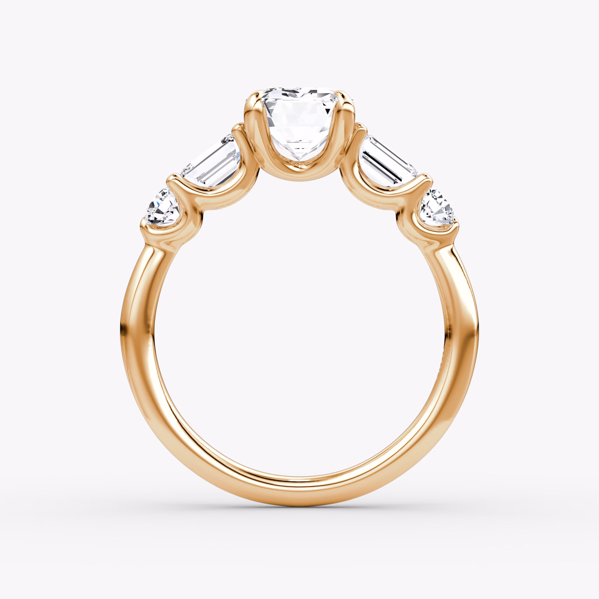 The Mixed Shape | Emerald | 14k | Rose Gold | bandAccent: Plain | sideStoneOrientation: horizontal | sideStoneShape: Emerald and Round Brilliant | diamondOrientation: vertical | caratWeight: other