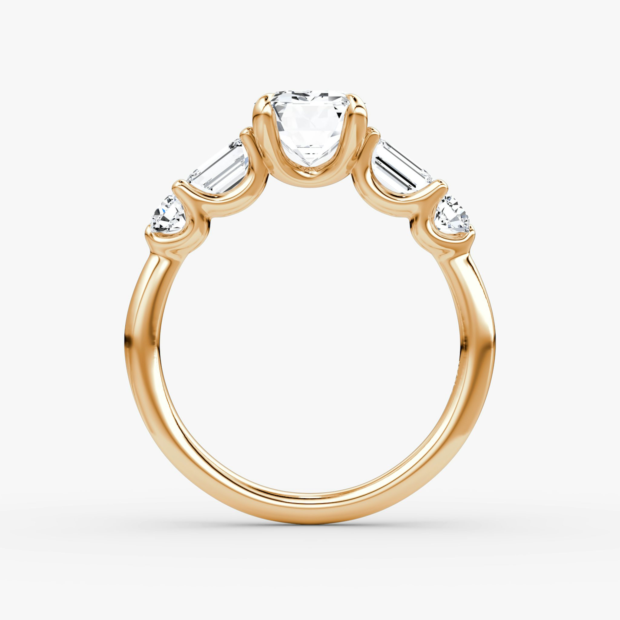 The Mixed Shape | Emerald | 14k | Rose Gold | bandAccent: Plain | sideStoneOrientation: horizontal | sideStoneShape: Emerald and Round Brilliant | diamondOrientation: vertical | caratWeight: other