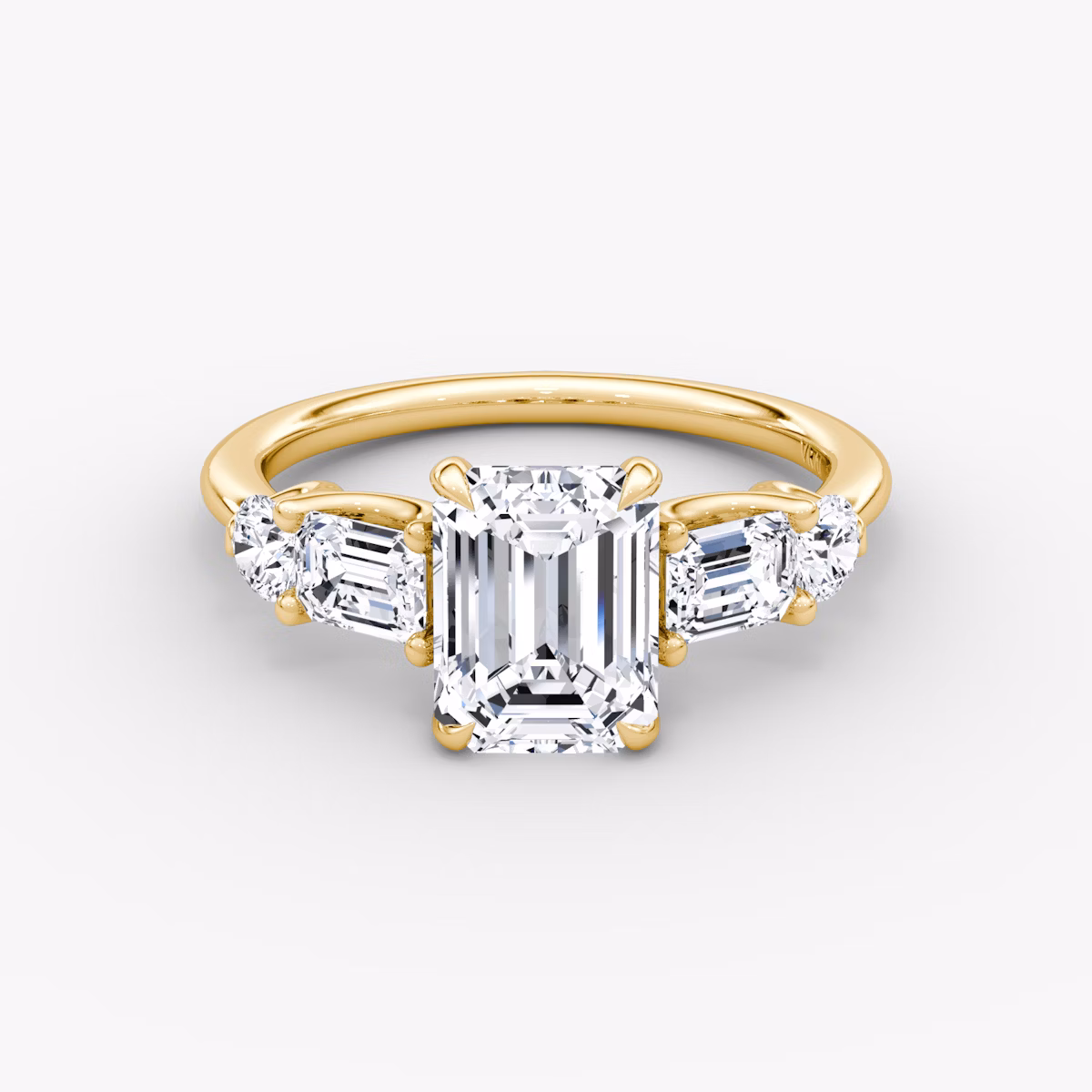The Mixed Shape | Emerald | 18k | Yellow Gold | bandAccent: Plain | sideStoneOrientation: horizontal | sideStoneShape: Emerald and Round Brilliant | diamondOrientation: vertical | caratWeight: other