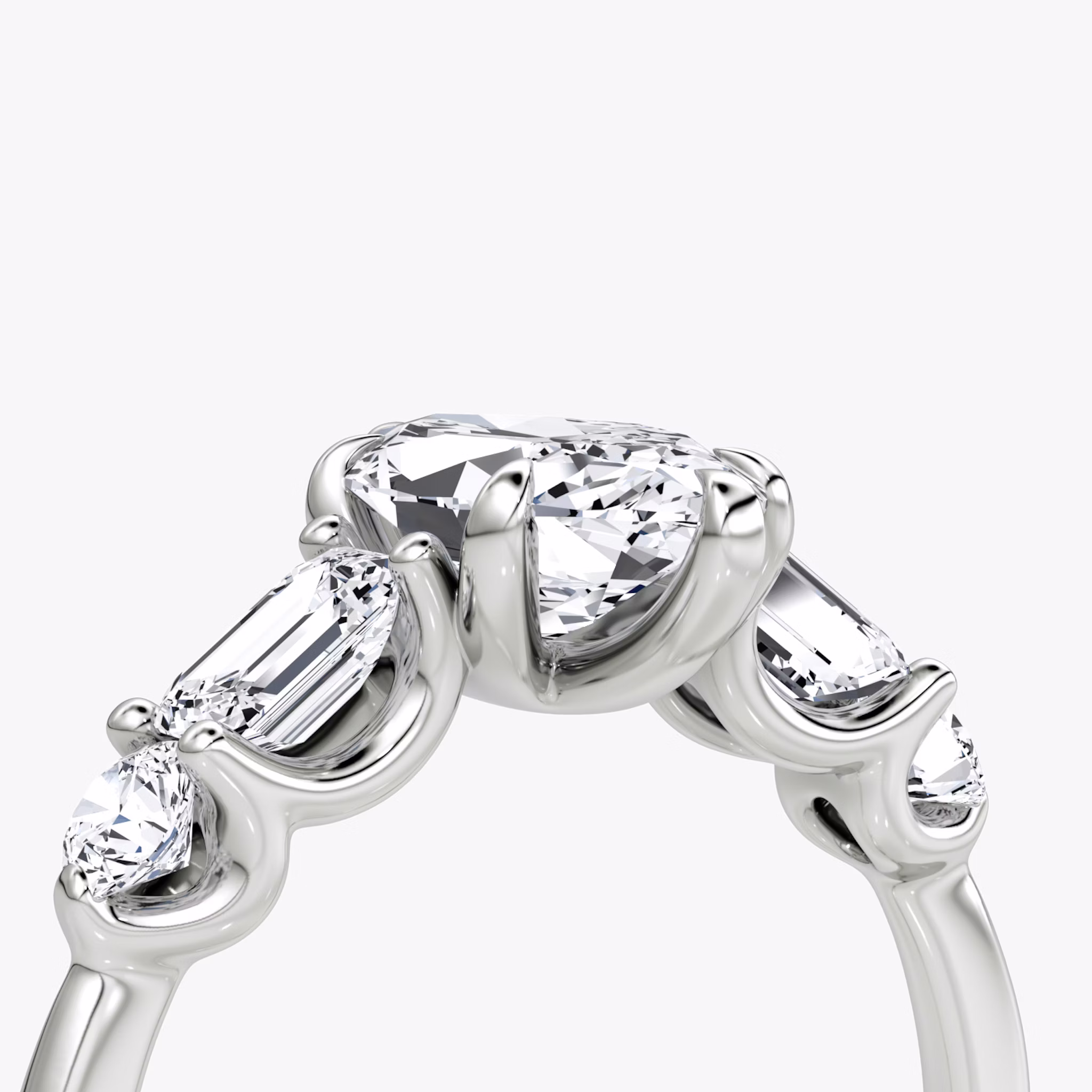 The Mixed Shape | Marquise | 18k | White Gold | bandAccent: Plain | sideStoneOrientation: horizontal | sideStoneShape: Emerald and Round Brilliant | diamondOrientation: vertical | caratWeight: other