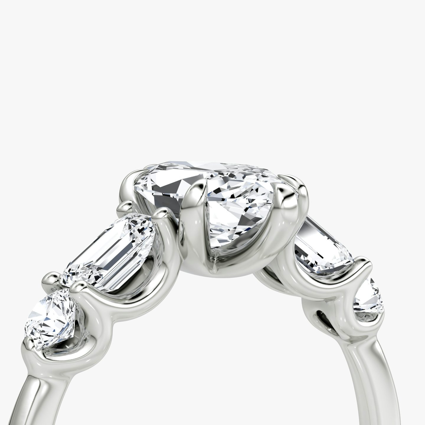 The Mixed Shape | Marquise | Platinum | bandAccent: Plain | sideStoneOrientation: horizontal | sideStoneShape: Emerald and Round Brilliant | diamondOrientation: vertical | caratWeight: other