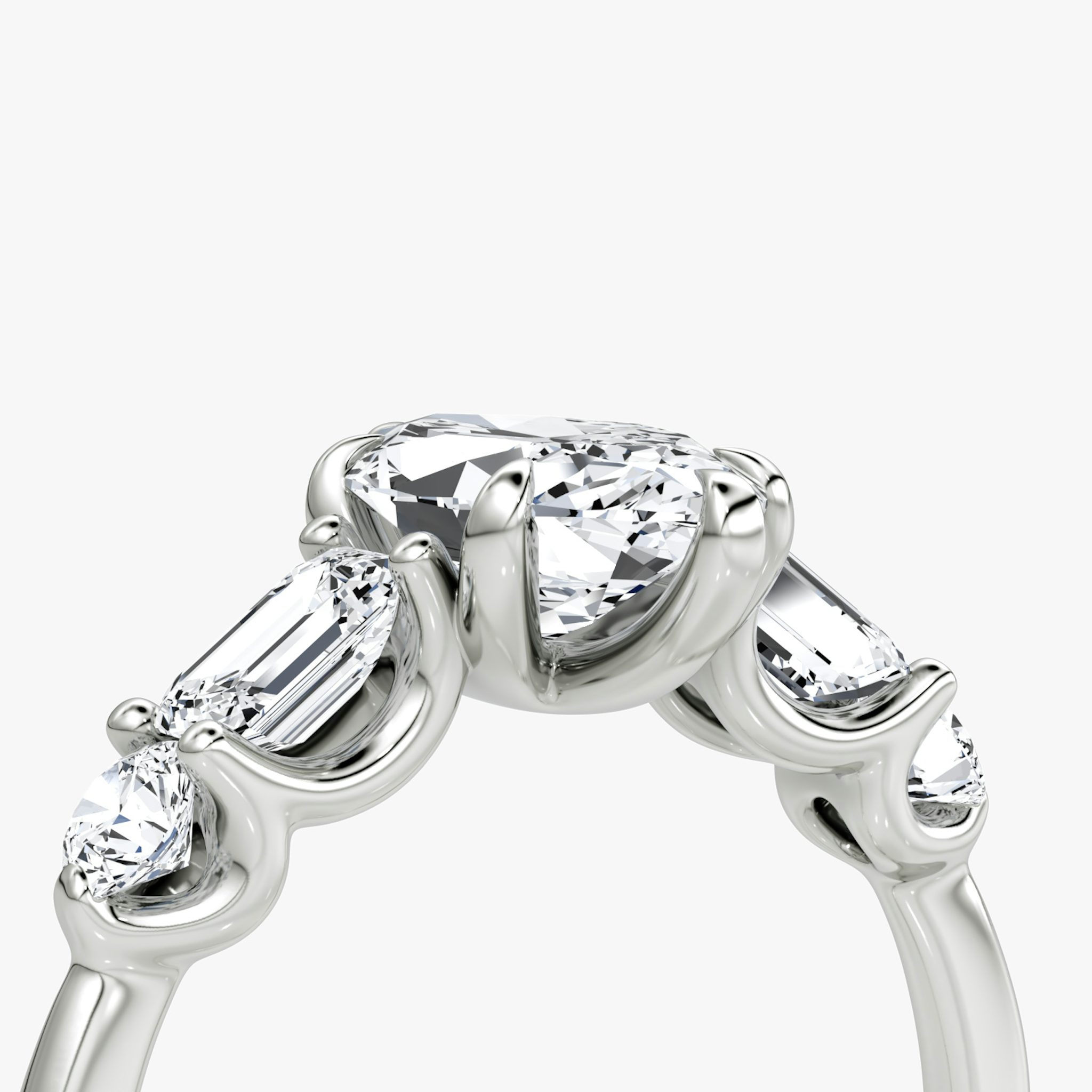 The Mixed Shape | Marquise | 18k | White Gold | bandAccent: Plain | sideStoneOrientation: horizontal | sideStoneShape: Emerald and Round Brilliant | diamondOrientation: vertical | caratWeight: other