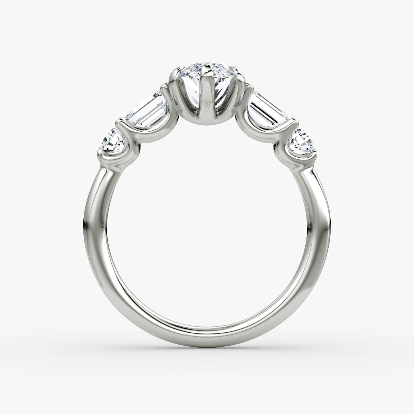 The Mixed Shape | Marquise | Platinum | bandAccent: Plain | sideStoneOrientation: horizontal | sideStoneShape: Emerald and Round Brilliant | diamondOrientation: vertical | caratWeight: other