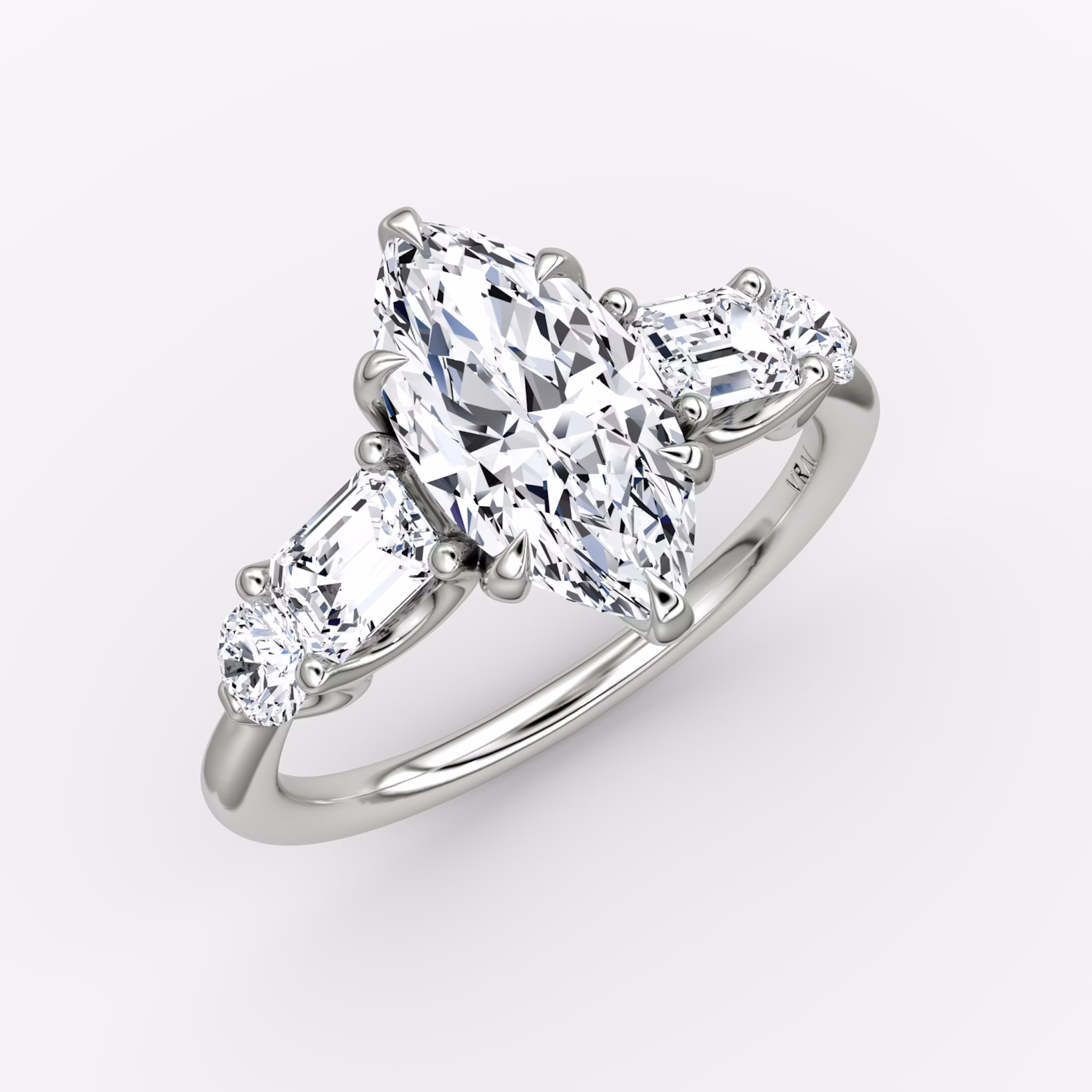 The Mixed Shape | Marquise | 18k | White Gold | bandAccent: Plain | sideStoneOrientation: horizontal | sideStoneShape: Emerald and Round Brilliant | diamondOrientation: vertical | caratWeight: other