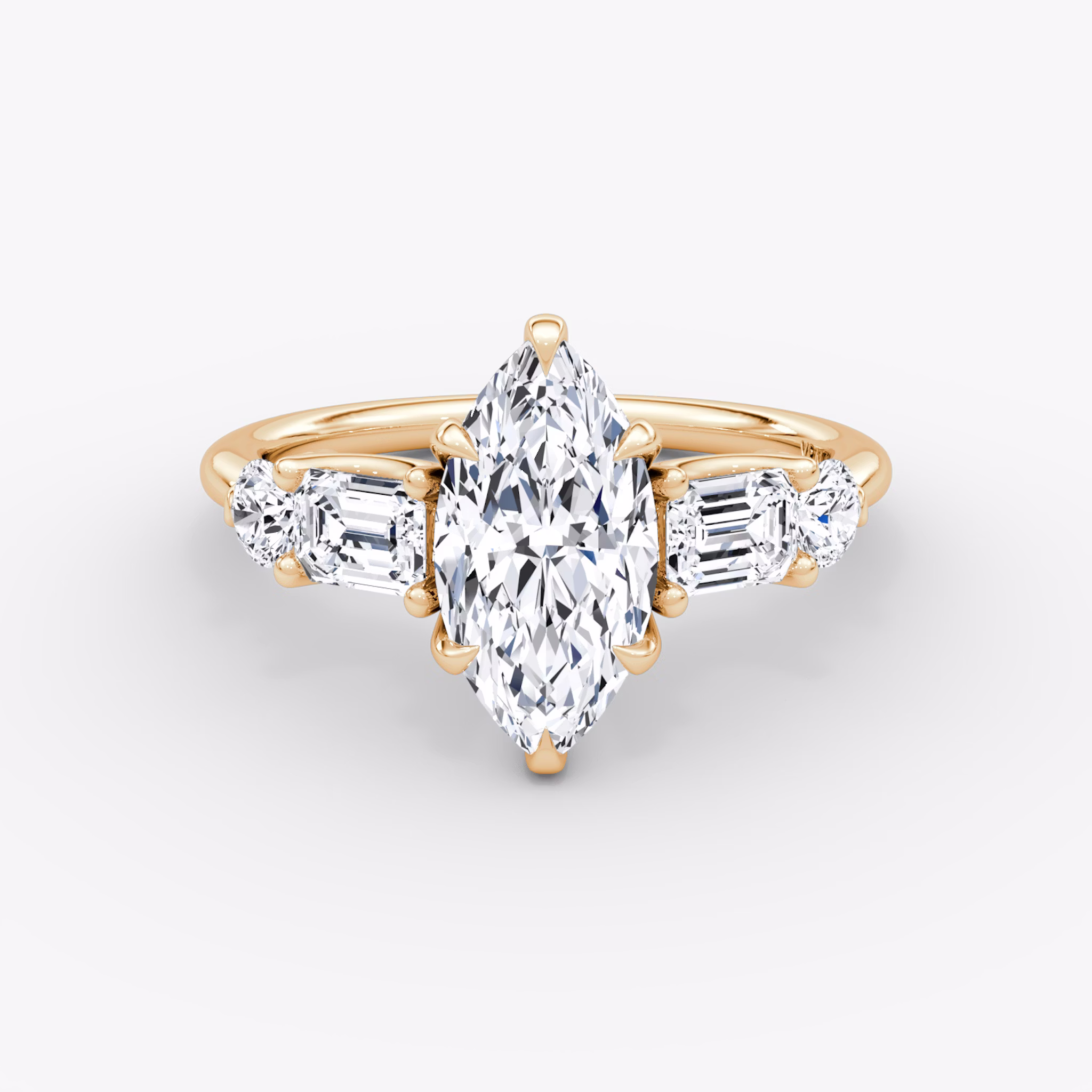 The Mixed Shape | Marquise | 14k | Rose Gold | bandAccent: Plain | sideStoneOrientation: horizontal | sideStoneShape: Emerald and Round Brilliant | diamondOrientation: vertical | caratWeight: other