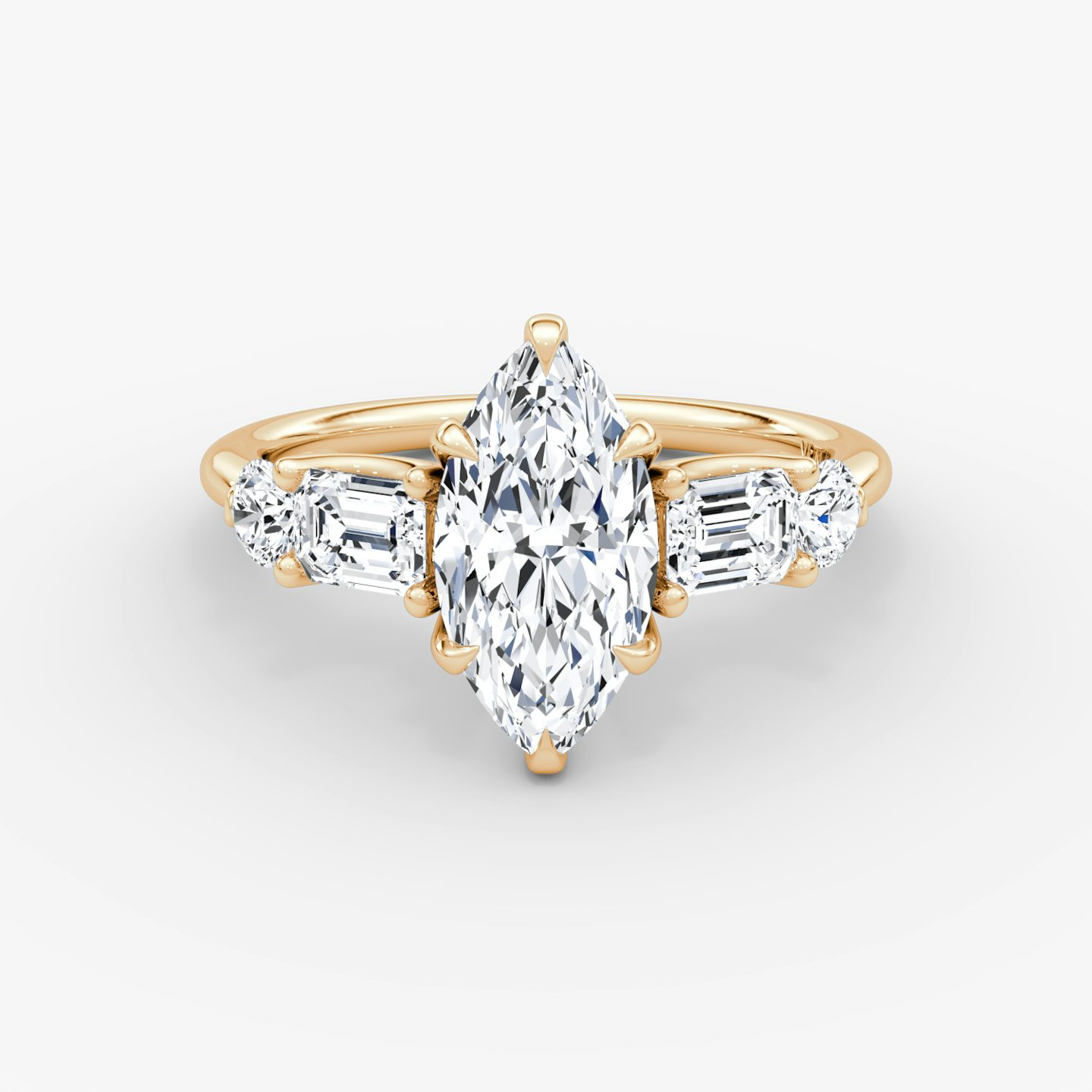 The Mixed Shape | Marquise | 14k | Rose Gold | bandAccent: Plain | sideStoneOrientation: horizontal | sideStoneShape: Emerald and Round Brilliant | diamondOrientation: vertical | caratWeight: other