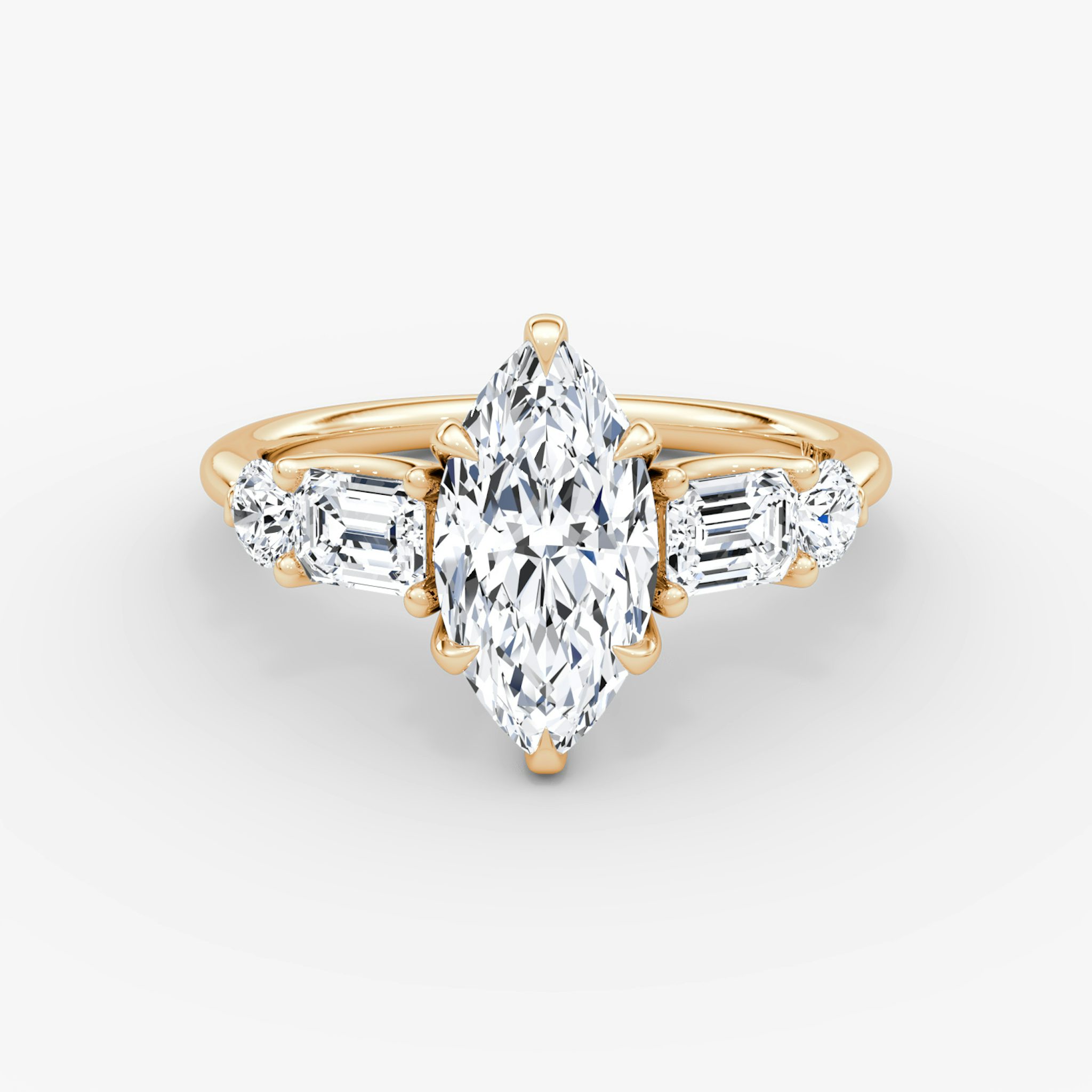 The Mixed Shape | Marquise | 14k | Rose Gold | bandAccent: Plain | sideStoneOrientation: horizontal | sideStoneShape: Emerald and Round Brilliant | diamondOrientation: vertical | caratWeight: other