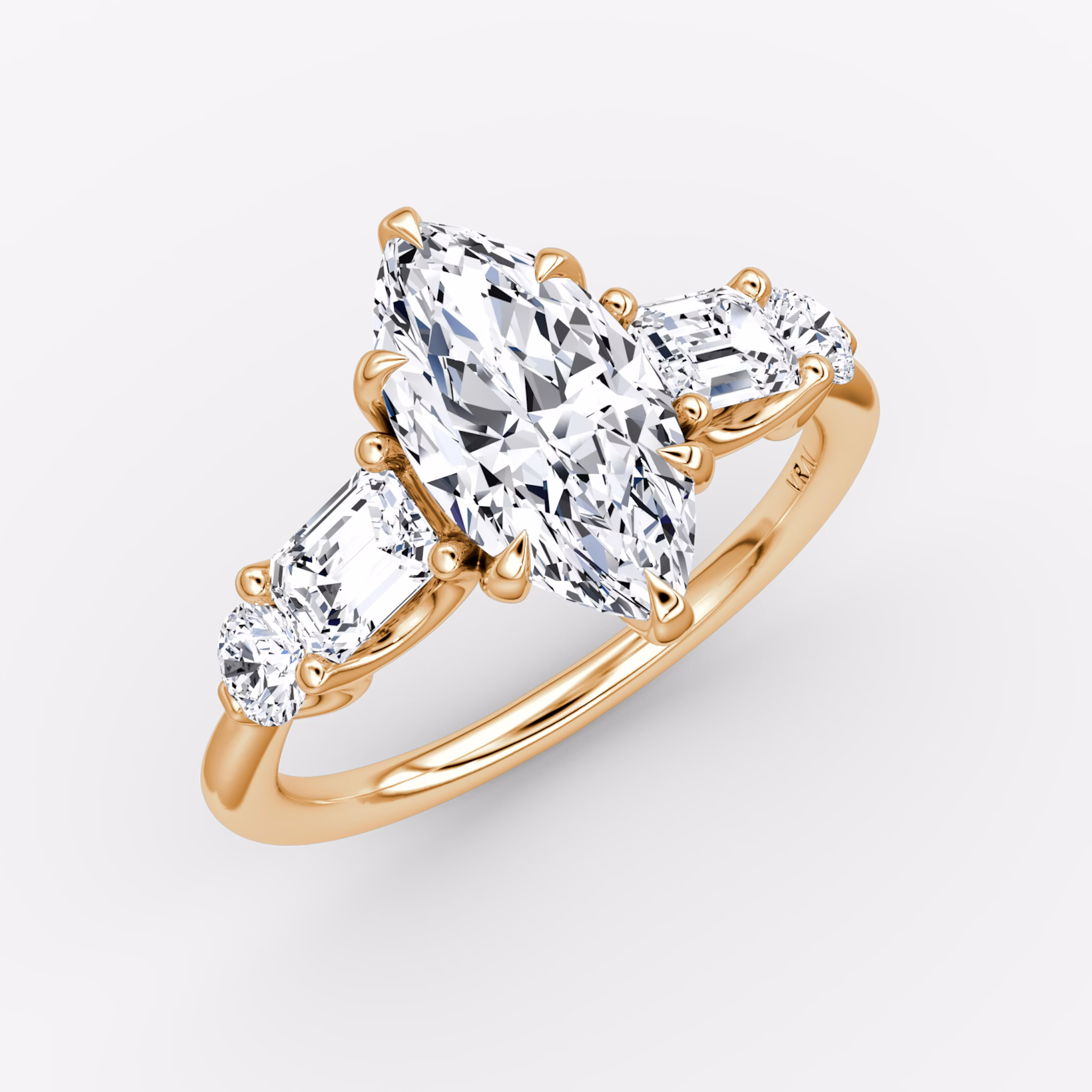 The Mixed Shape | Marquise | 14k | Rose Gold | bandAccent: Plain | sideStoneOrientation: horizontal | sideStoneShape: Emerald and Round Brilliant | diamondOrientation: vertical | caratWeight: other