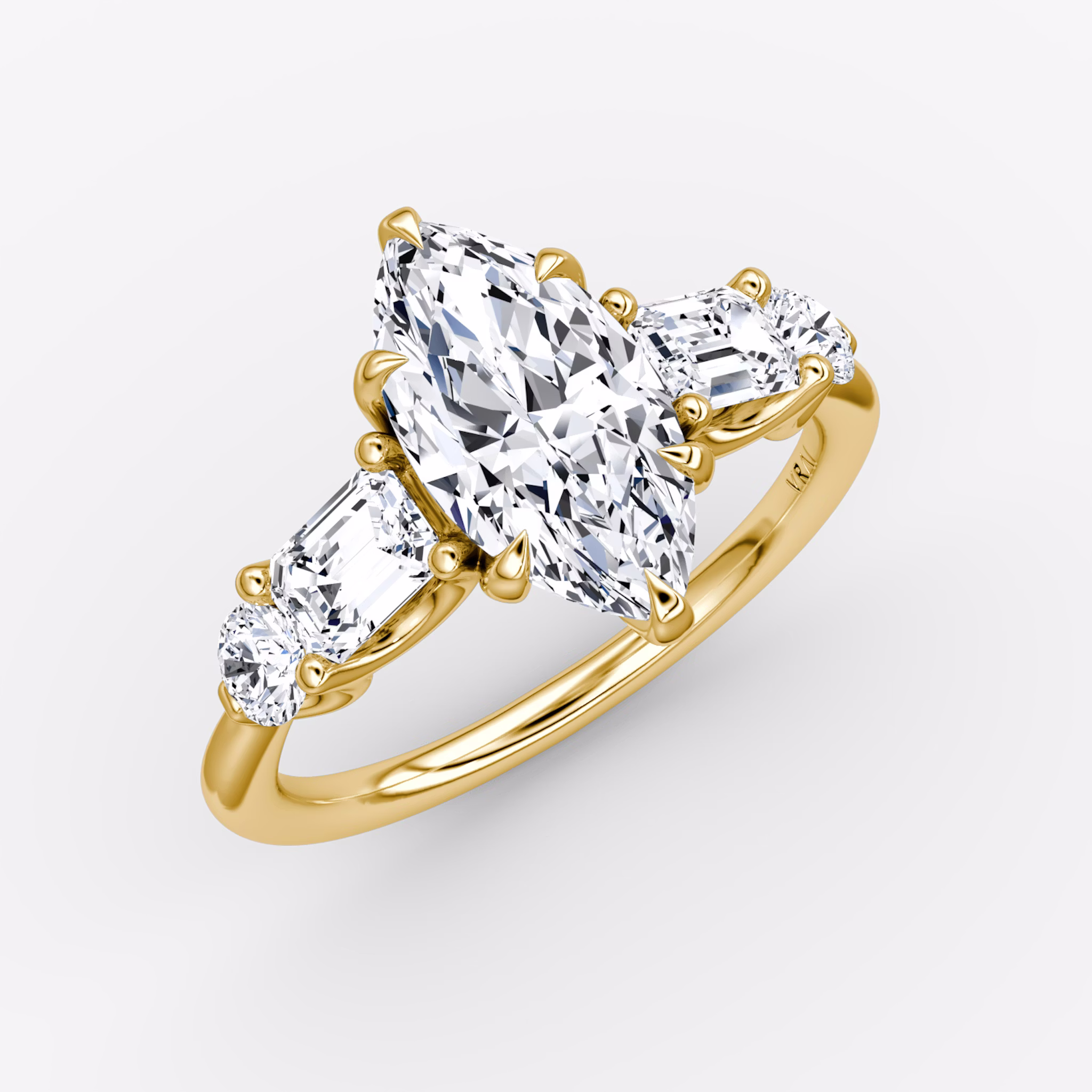 The Mixed Shape | Marquise | 18k | Yellow Gold | bandAccent: Plain | sideStoneOrientation: horizontal | sideStoneShape: Emerald and Round Brilliant | diamondOrientation: vertical | caratWeight: other