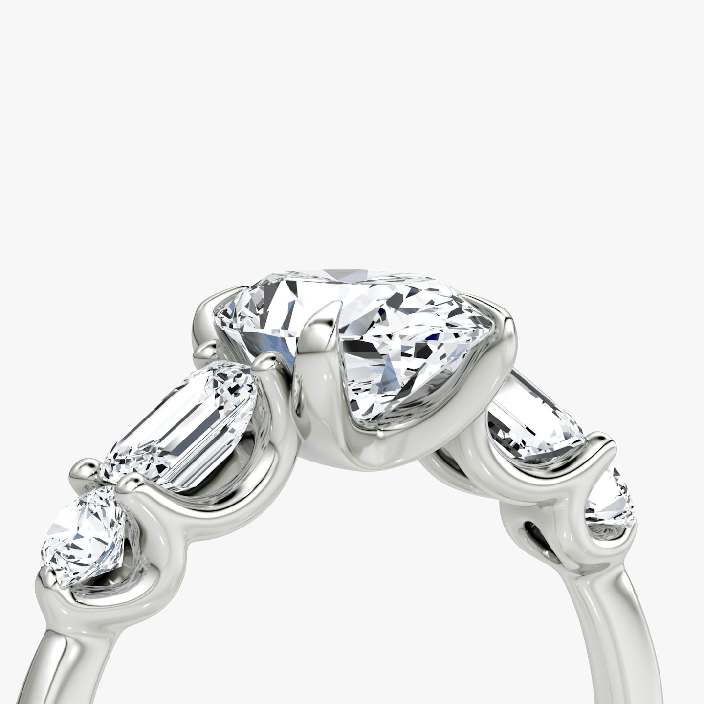 The Mixed Shape | Oval | Platinum | bandAccent: Plain | sideStoneOrientation: horizontal | sideStoneShape: Emerald and Round Brilliant | diamondOrientation: vertical | caratWeight: other