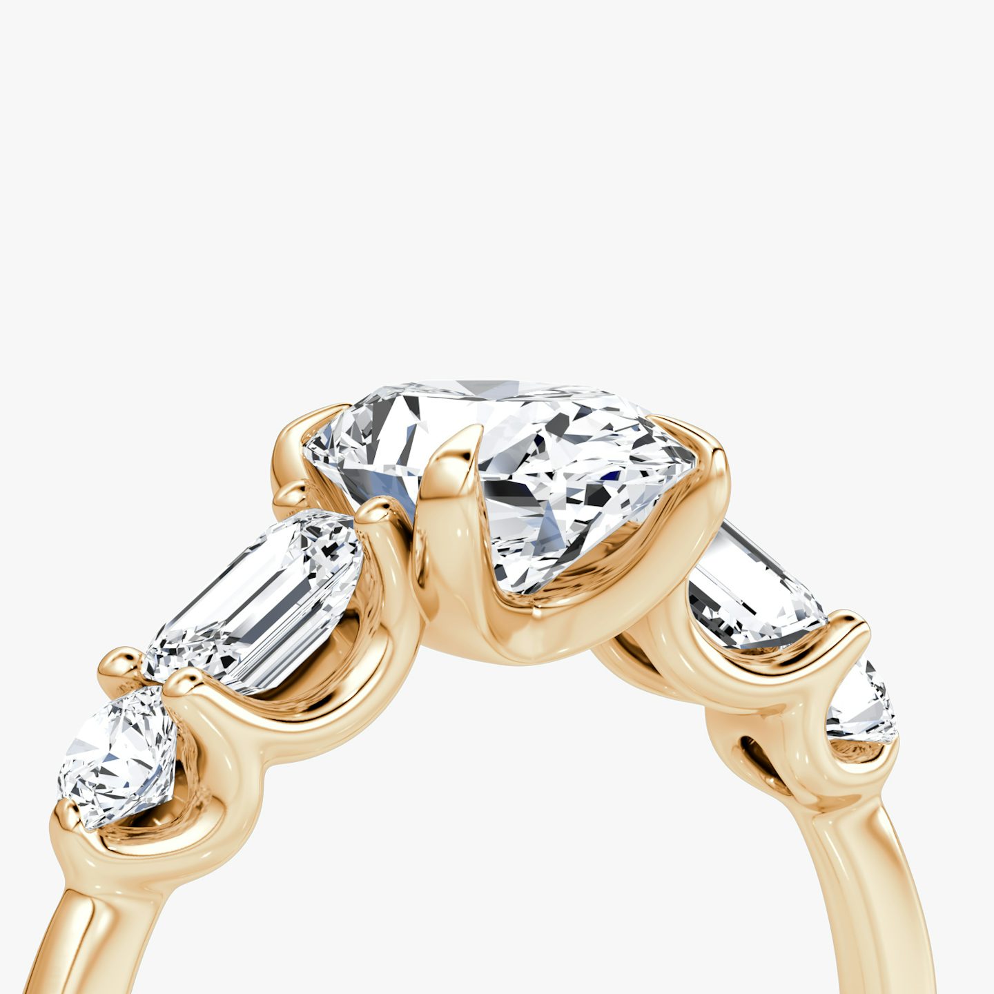 The Mixed Shape | Oval | 14k | Rose Gold | bandAccent: Plain | sideStoneOrientation: horizontal | sideStoneShape: Emerald and Round Brilliant | diamondOrientation: vertical | caratWeight: other