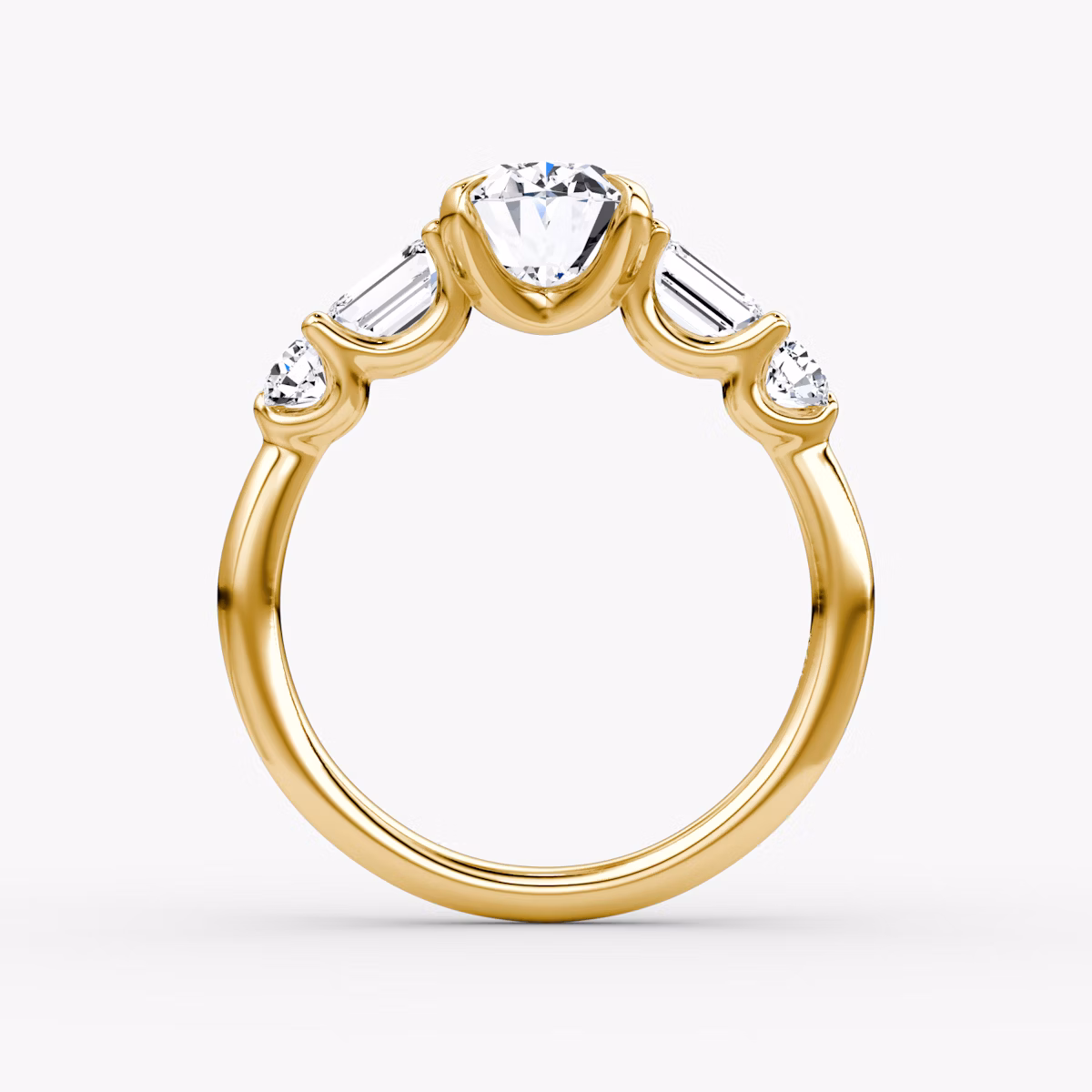 The Mixed Shape | Oval | 18k | Yellow Gold | bandAccent: Plain | sideStoneOrientation: horizontal | sideStoneShape: Emerald and Round Brilliant | diamondOrientation: vertical | caratWeight: other