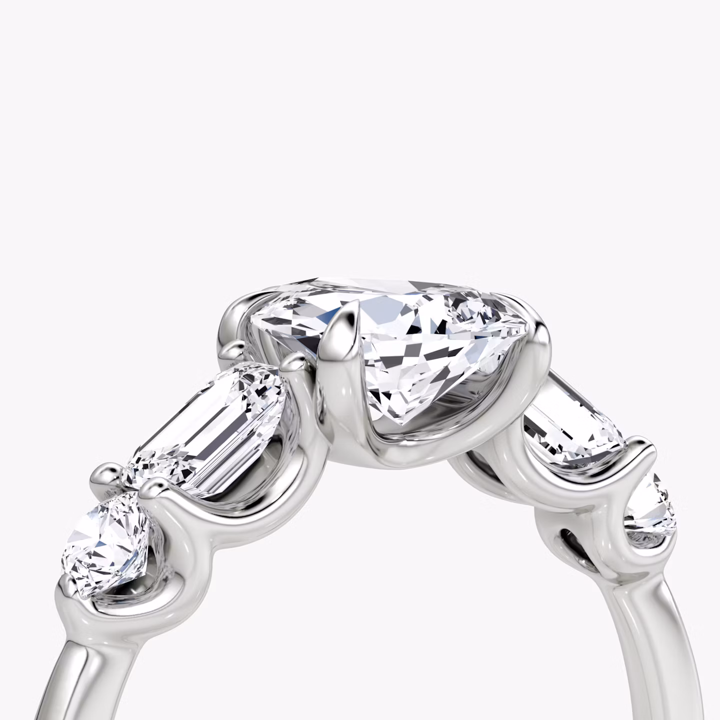 The Mixed Shape | Pear | Platinum | bandAccent: Plain | sideStoneOrientation: horizontal | sideStoneShape: Emerald and Round Brilliant | diamondOrientation: vertical | caratWeight: other