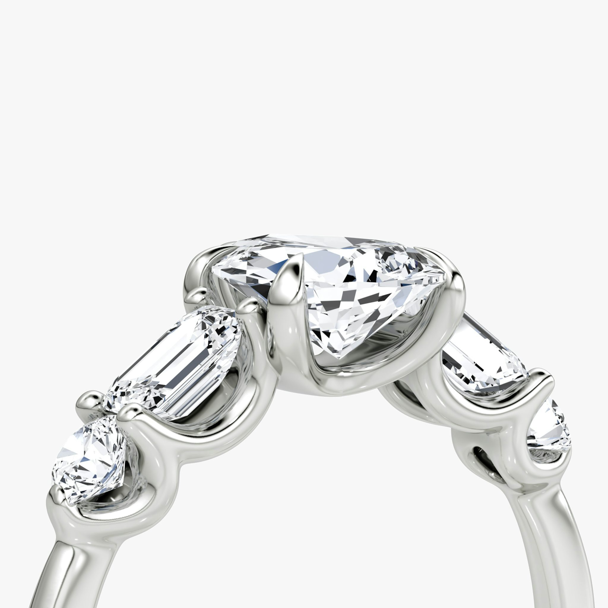 The Mixed Shape | Pear | 18k | White Gold | bandAccent: Plain | sideStoneOrientation: horizontal | sideStoneShape: Emerald and Round Brilliant | diamondOrientation: vertical | caratWeight: other