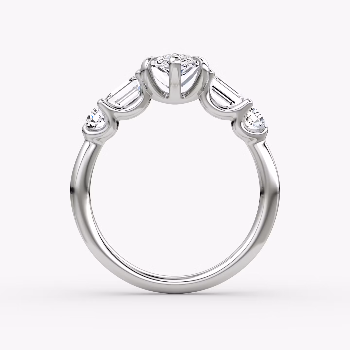 The Mixed Shape | Pear | Platinum | bandAccent: Plain | sideStoneOrientation: horizontal | sideStoneShape: Emerald and Round Brilliant | diamondOrientation: vertical | caratWeight: other