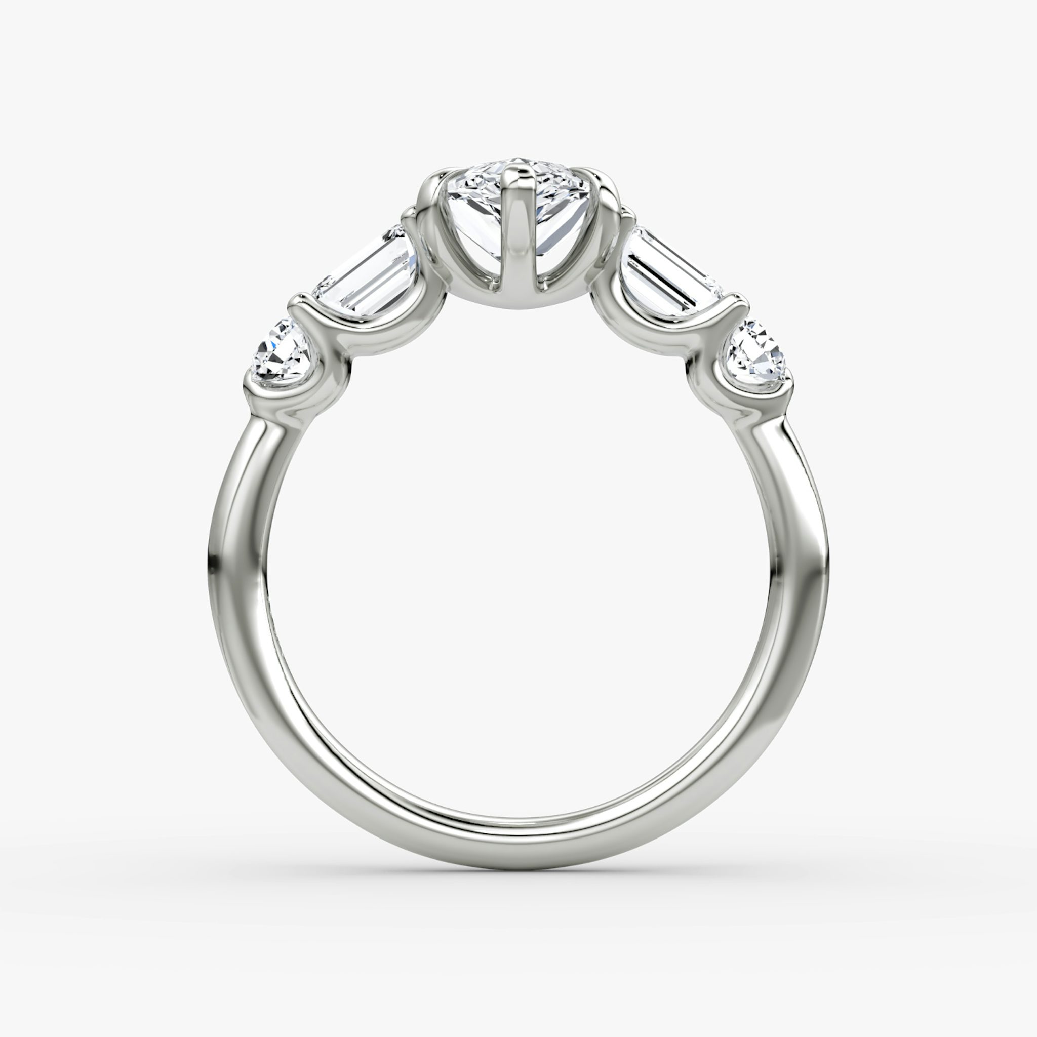 The Mixed Shape | Pear | 18k | White Gold | bandAccent: Plain | sideStoneOrientation: horizontal | sideStoneShape: Emerald and Round Brilliant | diamondOrientation: vertical | caratWeight: other
