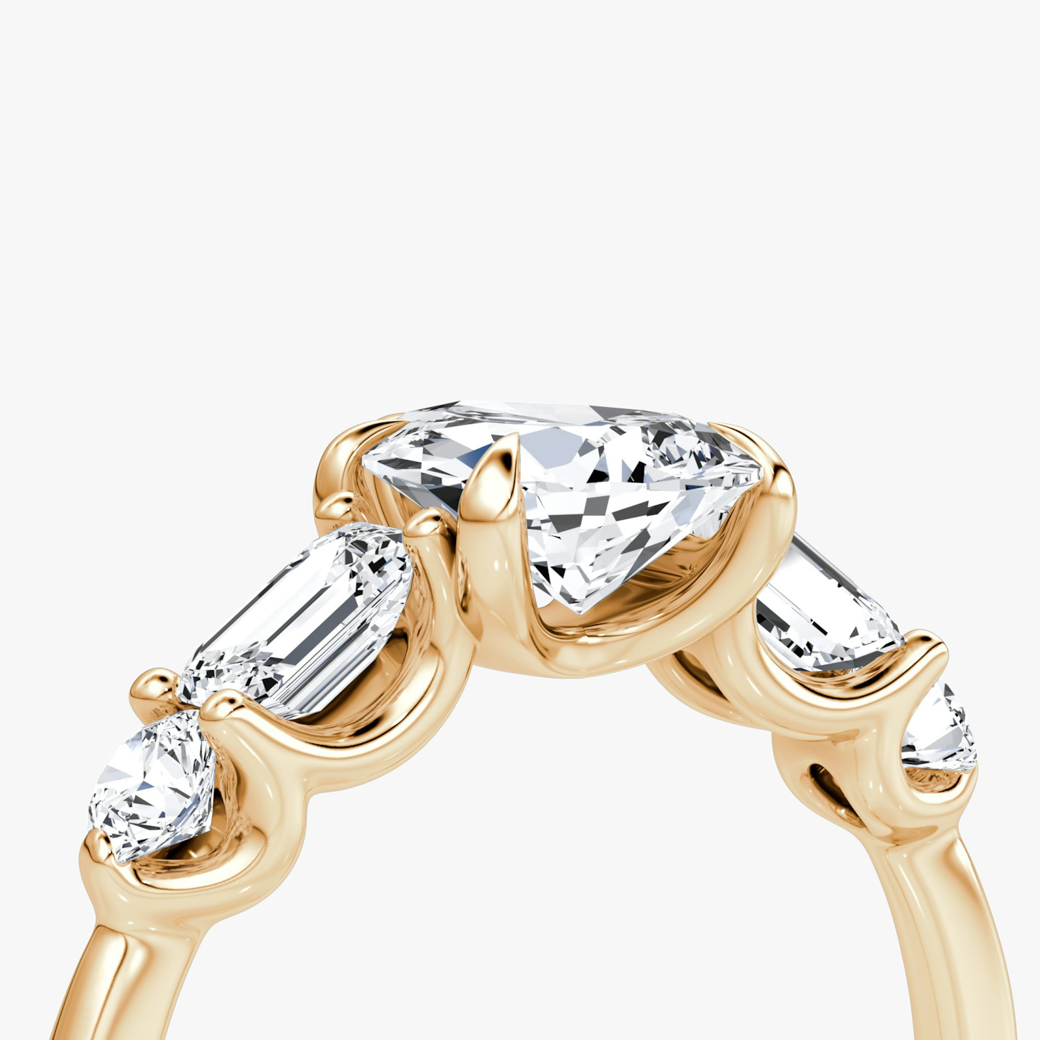 The Mixed Shape | Pear | 14k | Rose Gold | bandAccent: Plain | sideStoneOrientation: horizontal | sideStoneShape: Emerald and Round Brilliant | diamondOrientation: vertical | caratWeight: other