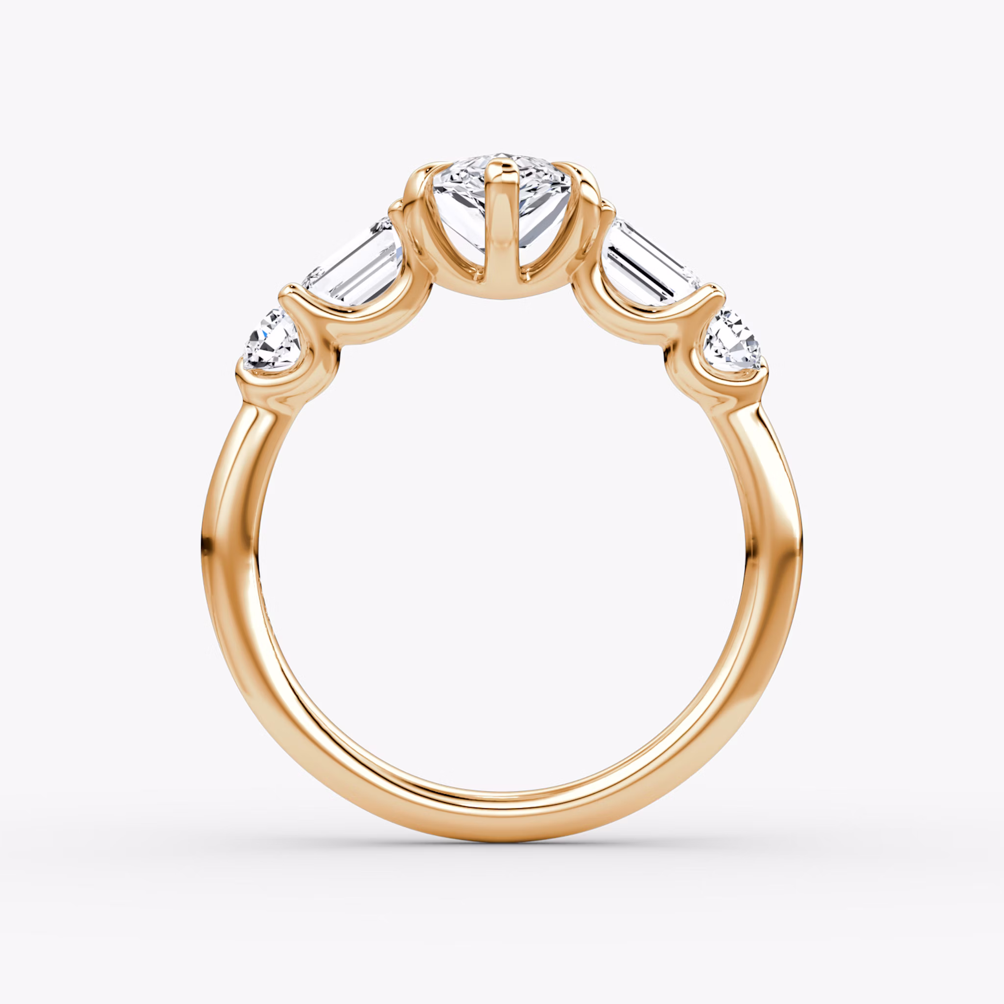 The Mixed Shape | Pear | 14k | Rose Gold | bandAccent: Plain | sideStoneOrientation: horizontal | sideStoneShape: Emerald and Round Brilliant | diamondOrientation: vertical | caratWeight: other