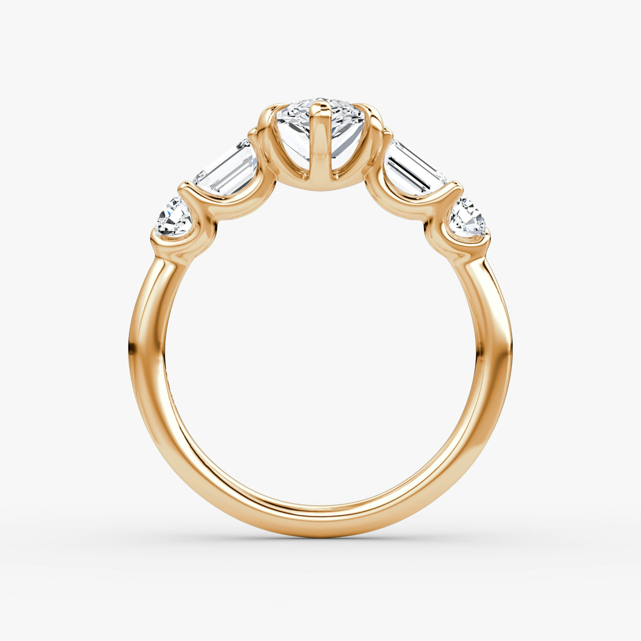 The Mixed Shape | Pear | 14k | Rose Gold | bandAccent: Plain | sideStoneOrientation: horizontal | sideStoneShape: Emerald and Round Brilliant | diamondOrientation: vertical | caratWeight: other