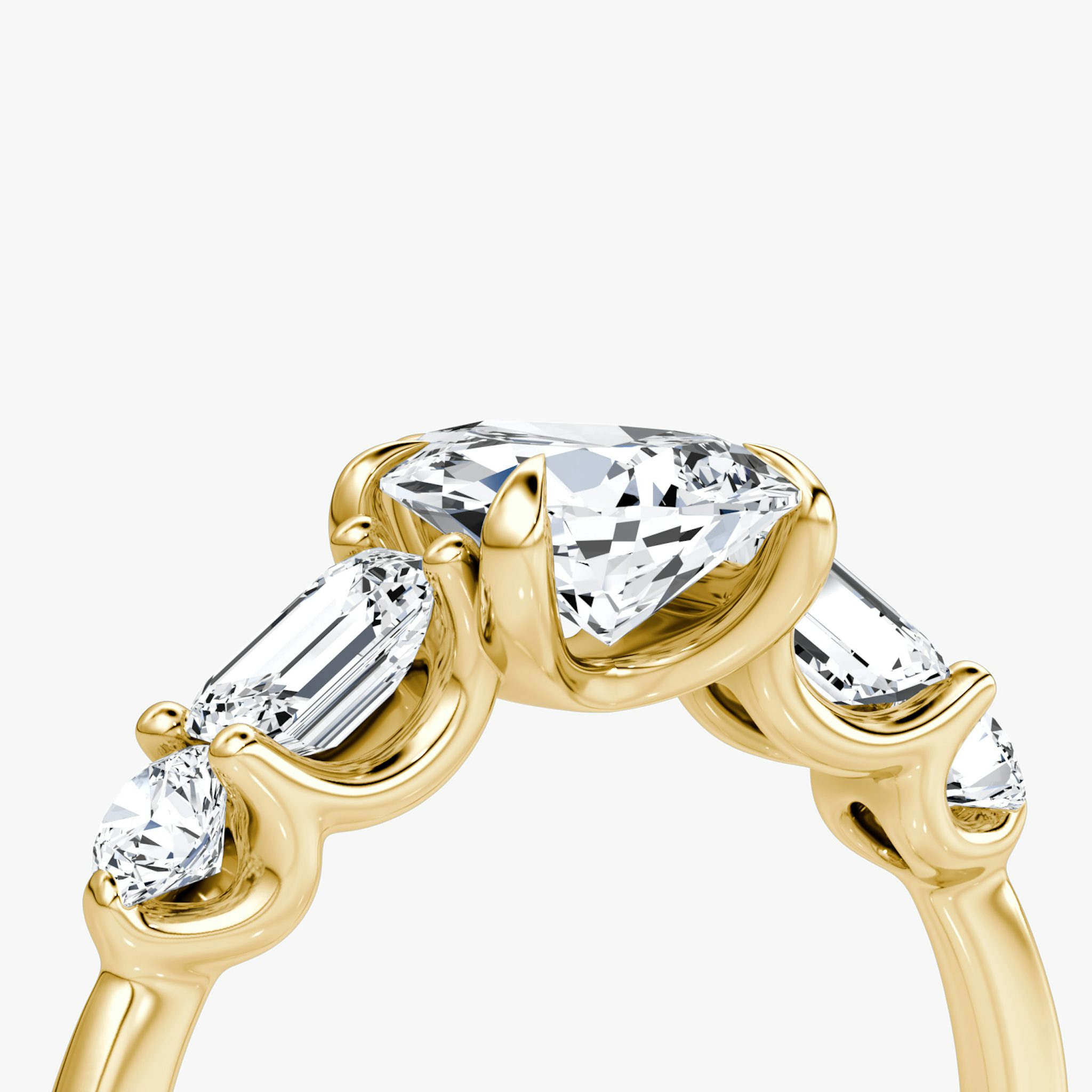 The Mixed Shape | Pear | 18k | Yellow Gold | bandAccent: Plain | sideStoneOrientation: horizontal | sideStoneShape: Emerald and Round Brilliant | diamondOrientation: vertical | caratWeight: other