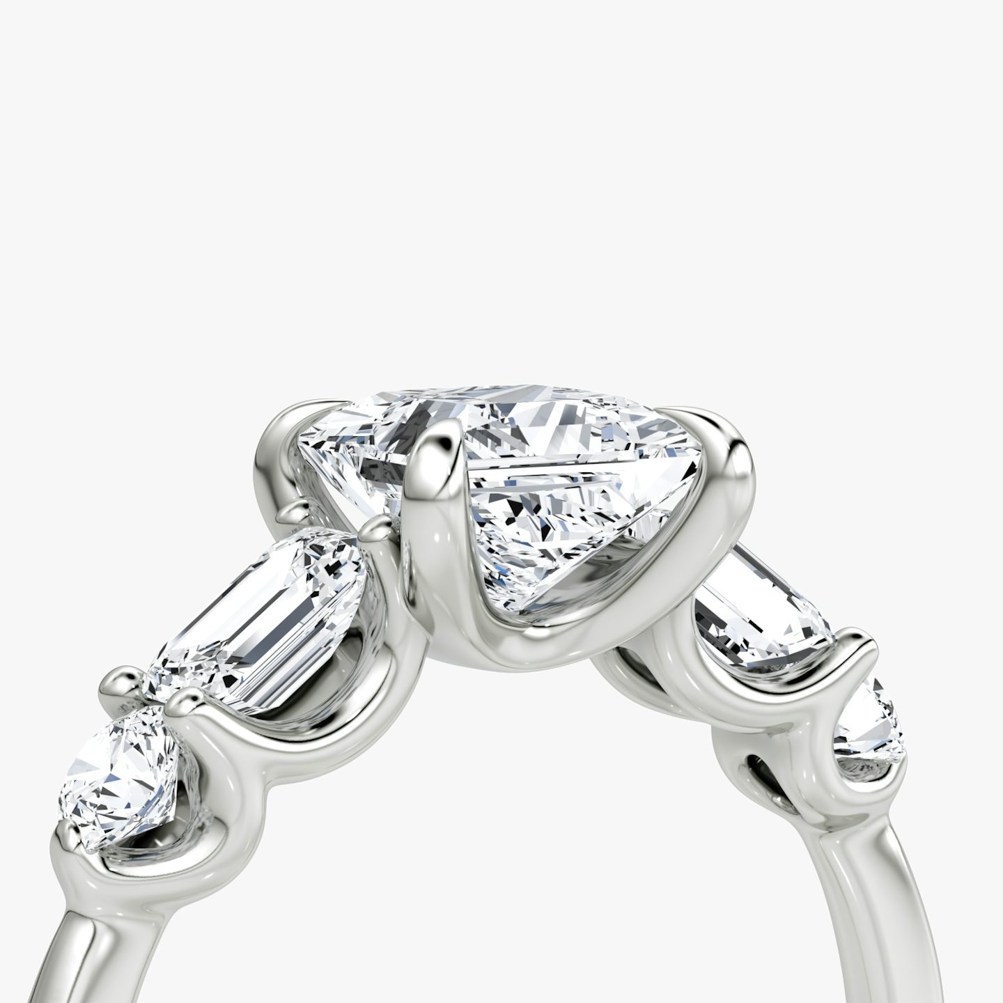 The Mixed Shape | Princess | Platinum | bandAccent: Plain | sideStoneOrientation: horizontal | sideStoneShape: Emerald and Round Brilliant | diamondOrientation: vertical | caratWeight: other