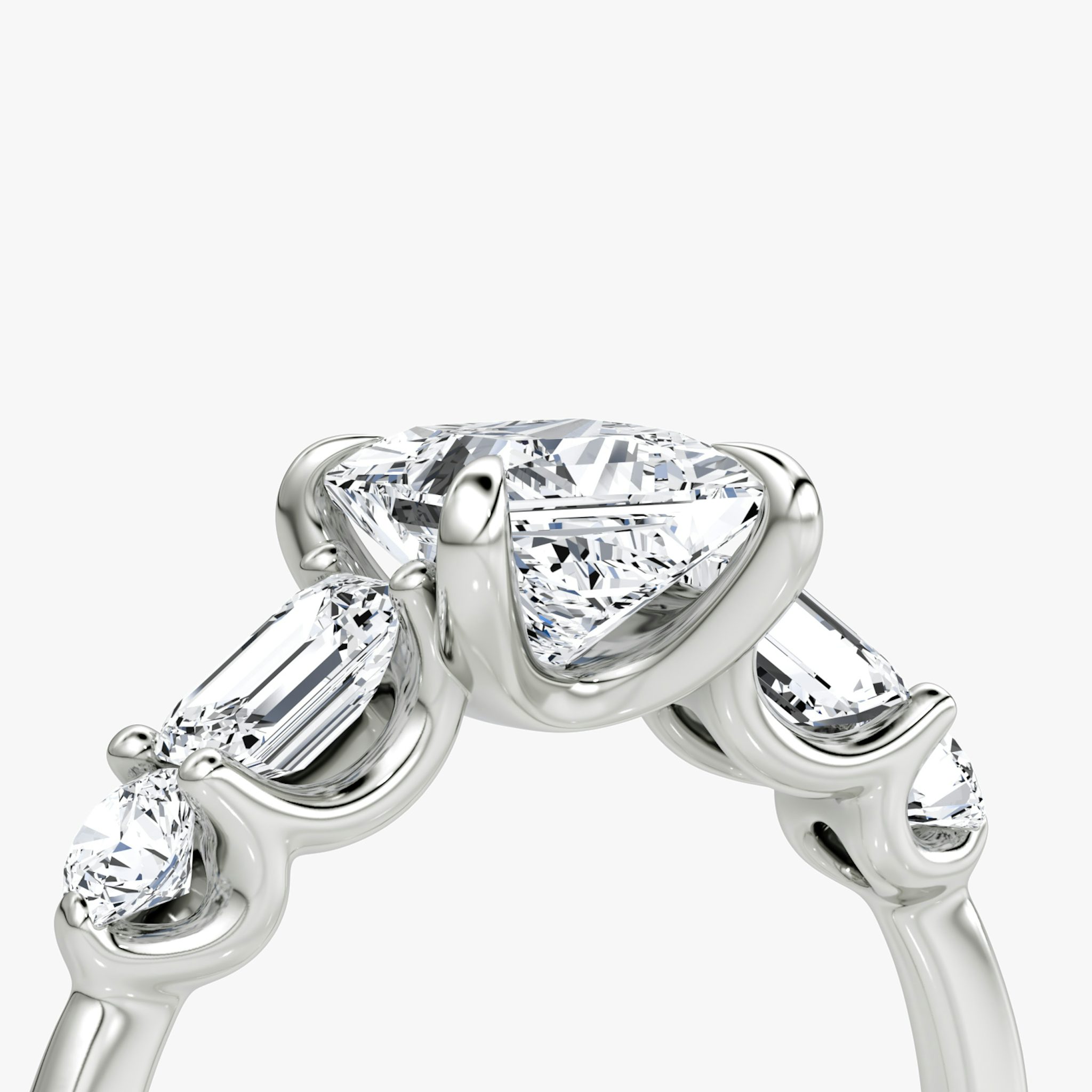 The Mixed Shape | Princess | 18k | White Gold | bandAccent: Plain | sideStoneOrientation: horizontal | sideStoneShape: Emerald and Round Brilliant | diamondOrientation: vertical | caratWeight: other