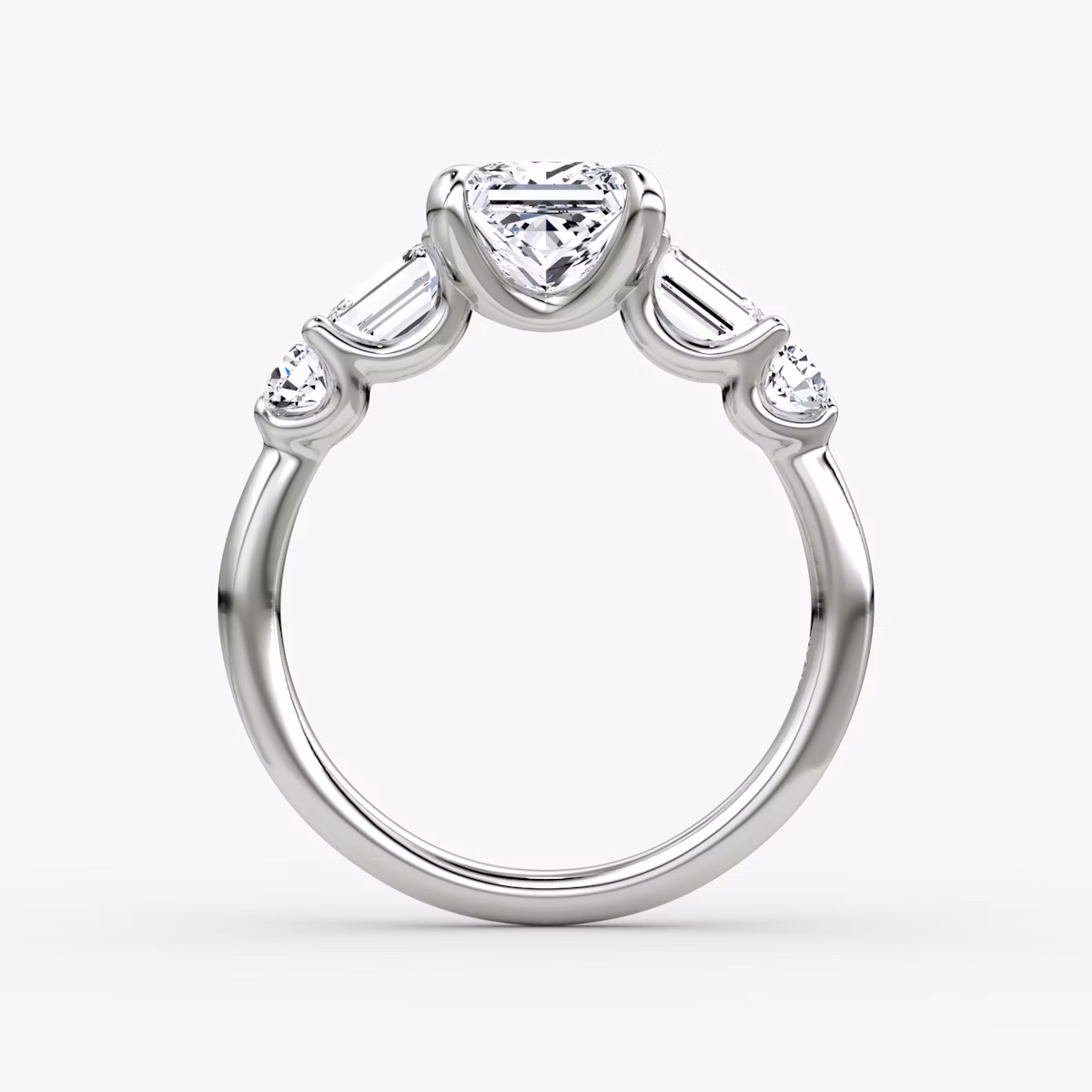 The Mixed Shape | Princess | Platinum | bandAccent: Plain | sideStoneOrientation: horizontal | sideStoneShape: Emerald and Round Brilliant | diamondOrientation: vertical | caratWeight: other