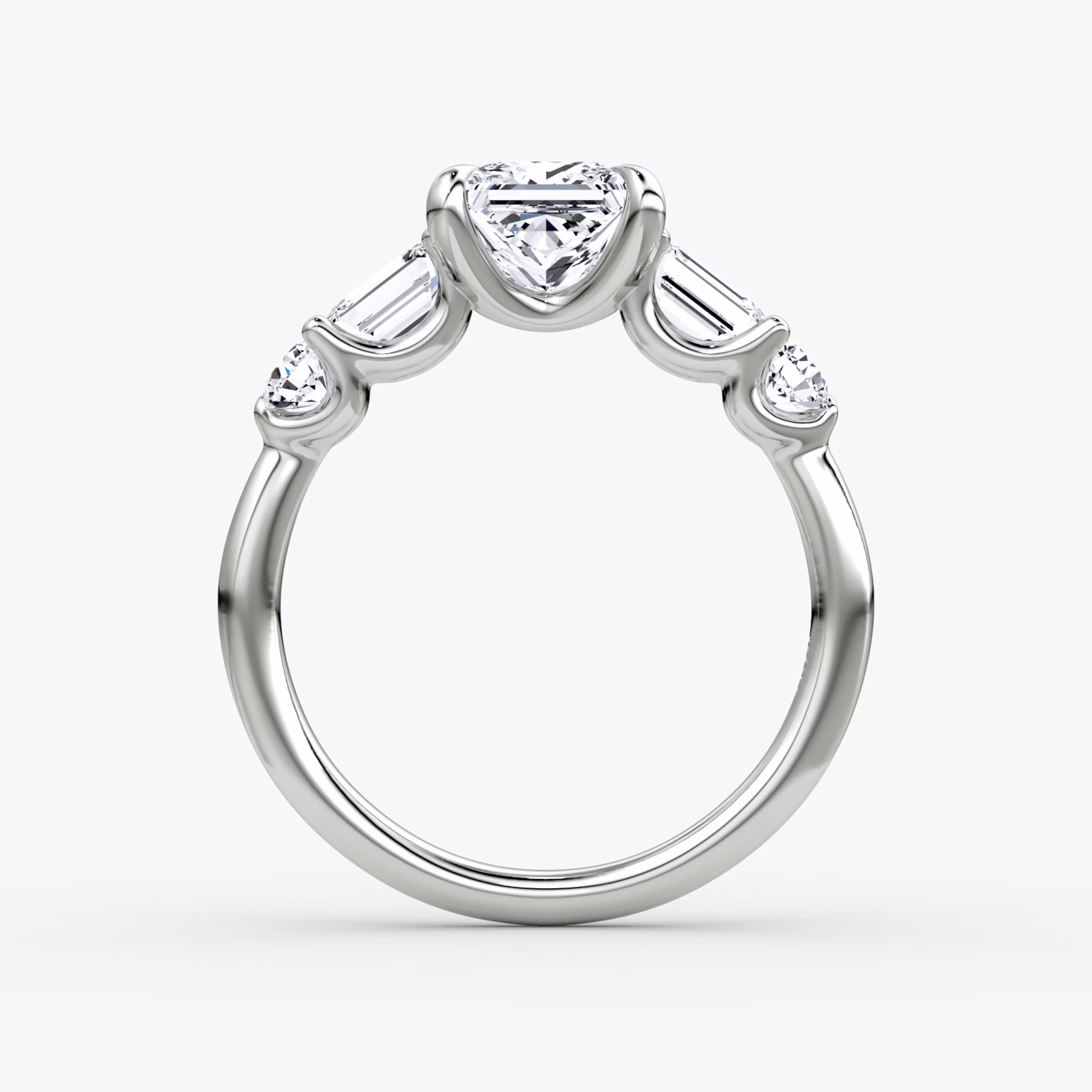 The Mixed Shape | Princess | 18k | White Gold | bandAccent: Plain | sideStoneOrientation: horizontal | sideStoneShape: Emerald and Round Brilliant | diamondOrientation: vertical | caratWeight: other