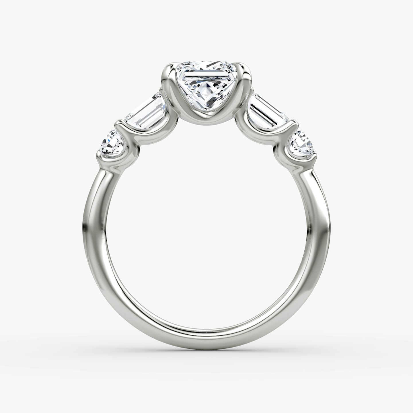 The Mixed Shape | Princess | Platinum | bandAccent: Plain | sideStoneOrientation: horizontal | sideStoneShape: Emerald and Round Brilliant | diamondOrientation: vertical | caratWeight: other