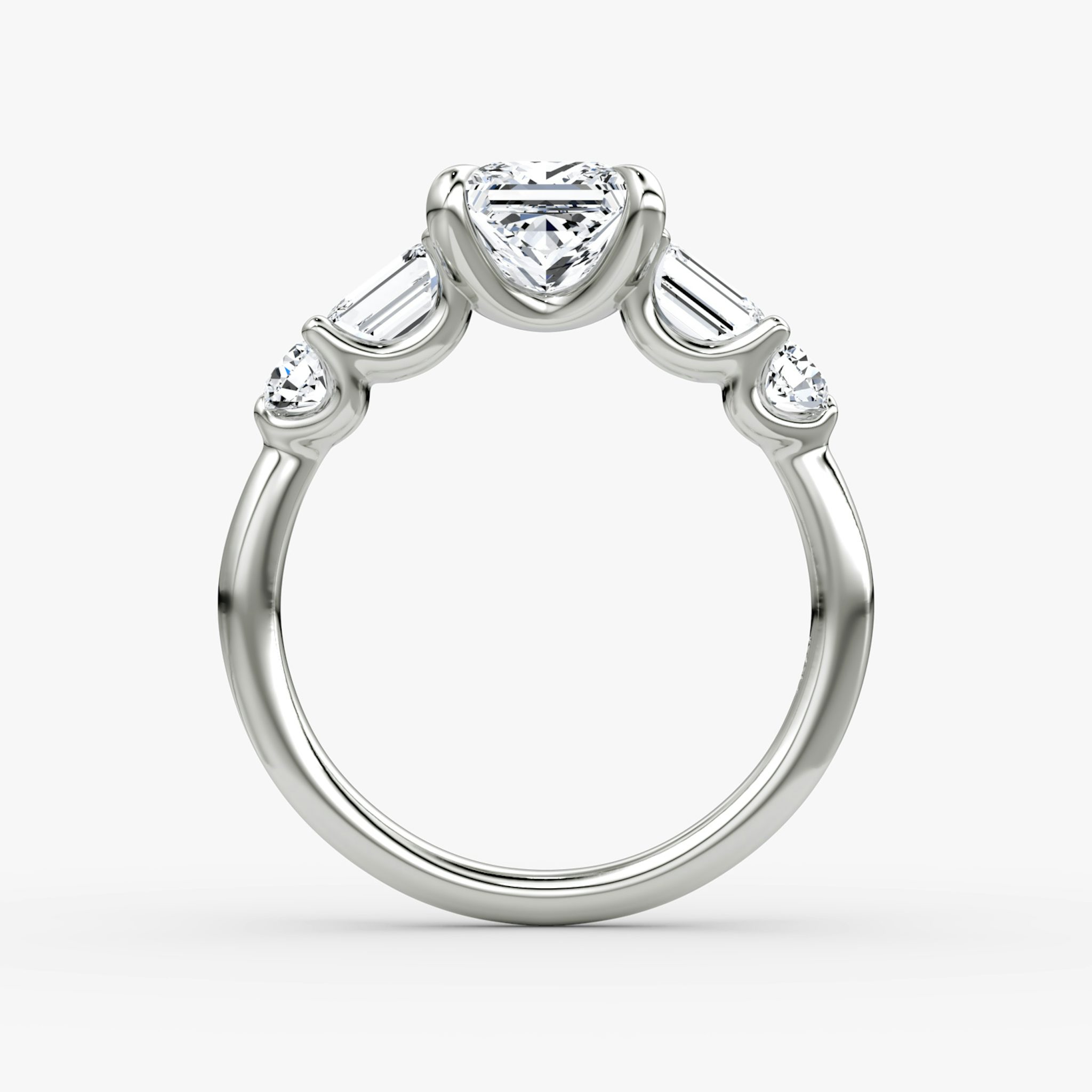 The Mixed Shape | Princess | 18k | White Gold | bandAccent: Plain | sideStoneOrientation: horizontal | sideStoneShape: Emerald and Round Brilliant | diamondOrientation: vertical | caratWeight: other