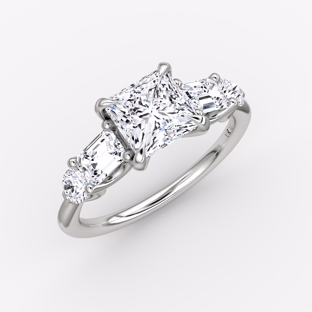 The Mixed Shape | Princess | Platinum | bandAccent: Plain | sideStoneOrientation: horizontal | sideStoneShape: Emerald and Round Brilliant | diamondOrientation: vertical | caratWeight: other