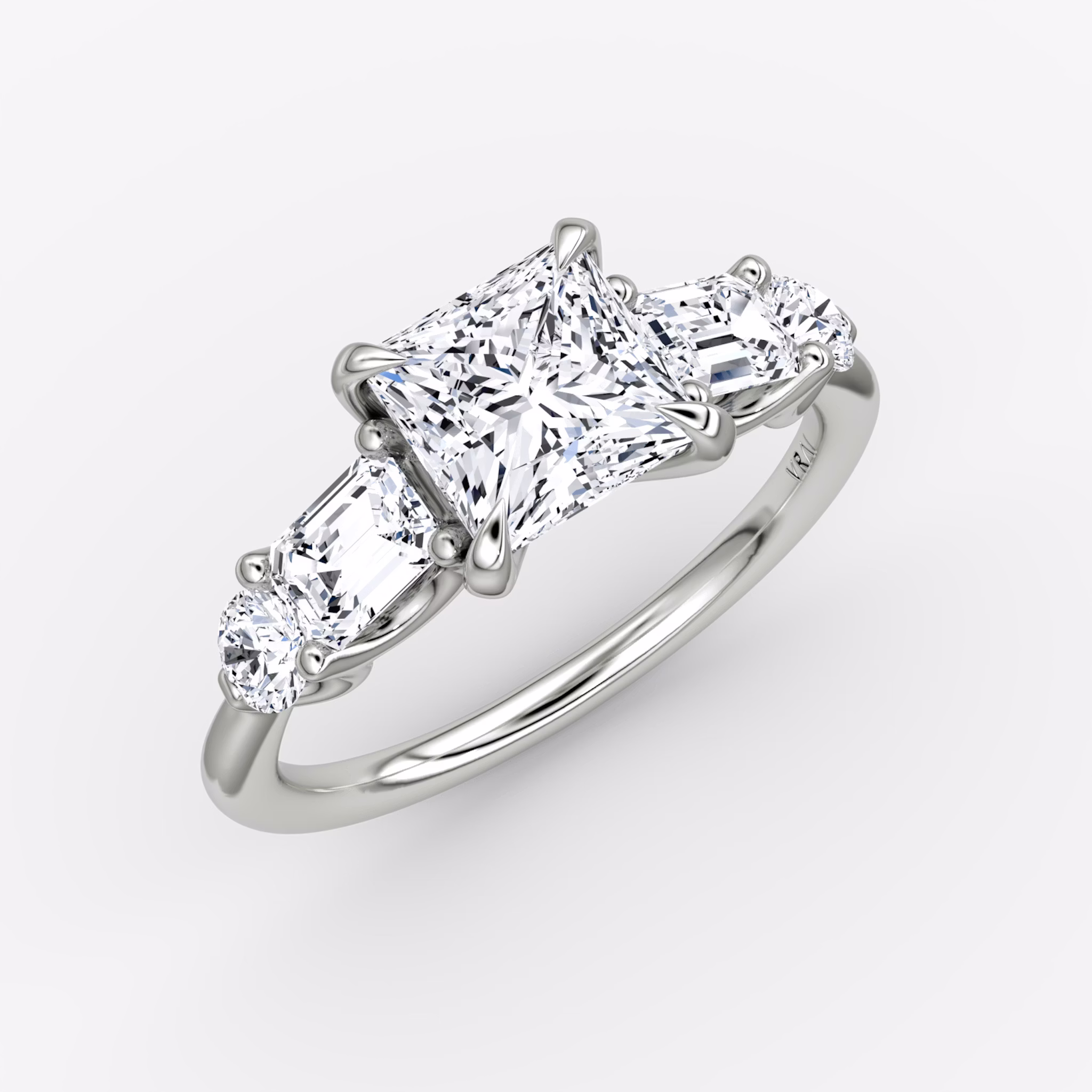 The Mixed Shape | Princess | 18k | White Gold | bandAccent: Plain | sideStoneOrientation: horizontal | sideStoneShape: Emerald and Round Brilliant | diamondOrientation: vertical | caratWeight: other