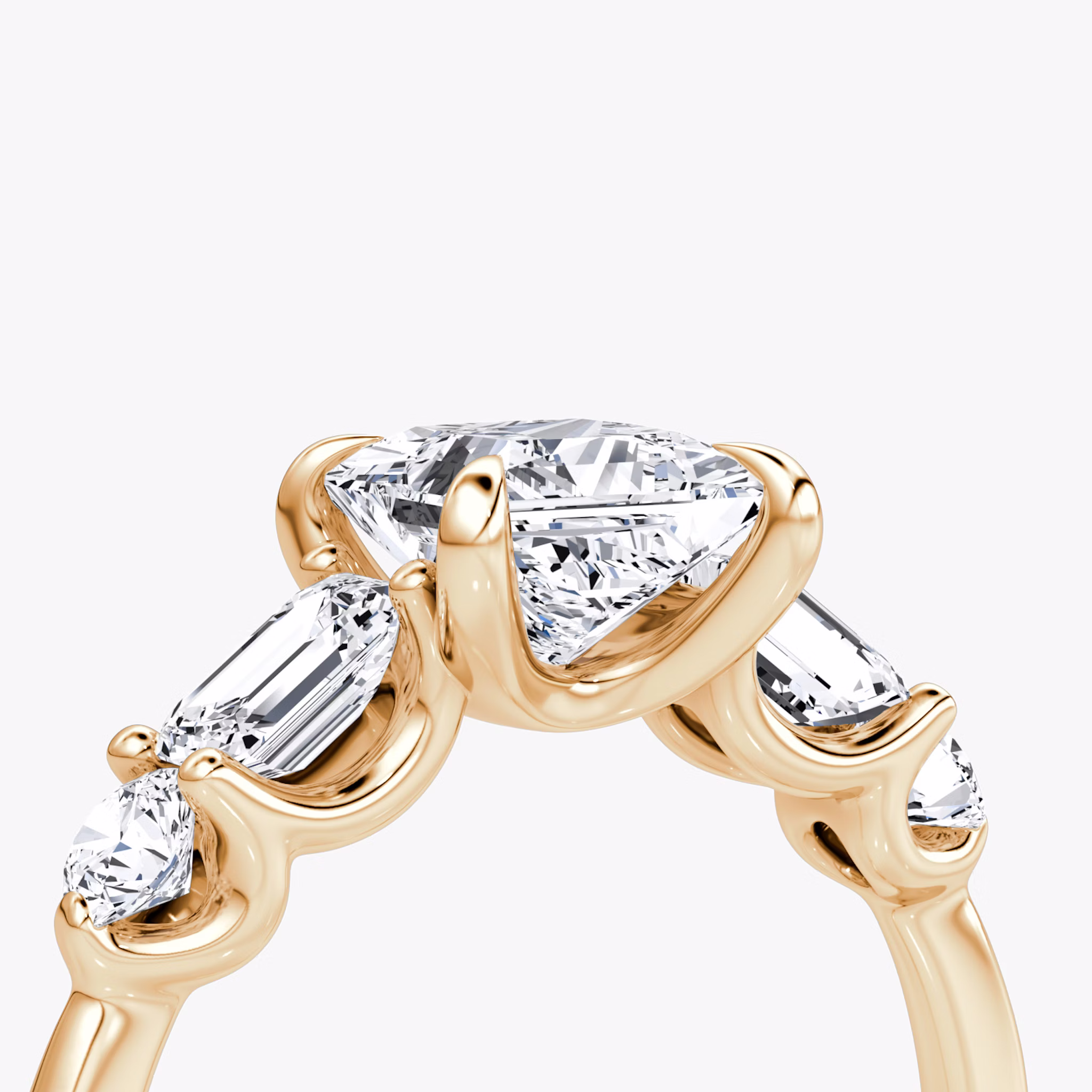 The Mixed Shape | Princess | 14k | Rose Gold | bandAccent: Plain | sideStoneOrientation: horizontal | sideStoneShape: Emerald and Round Brilliant | diamondOrientation: vertical | caratWeight: other