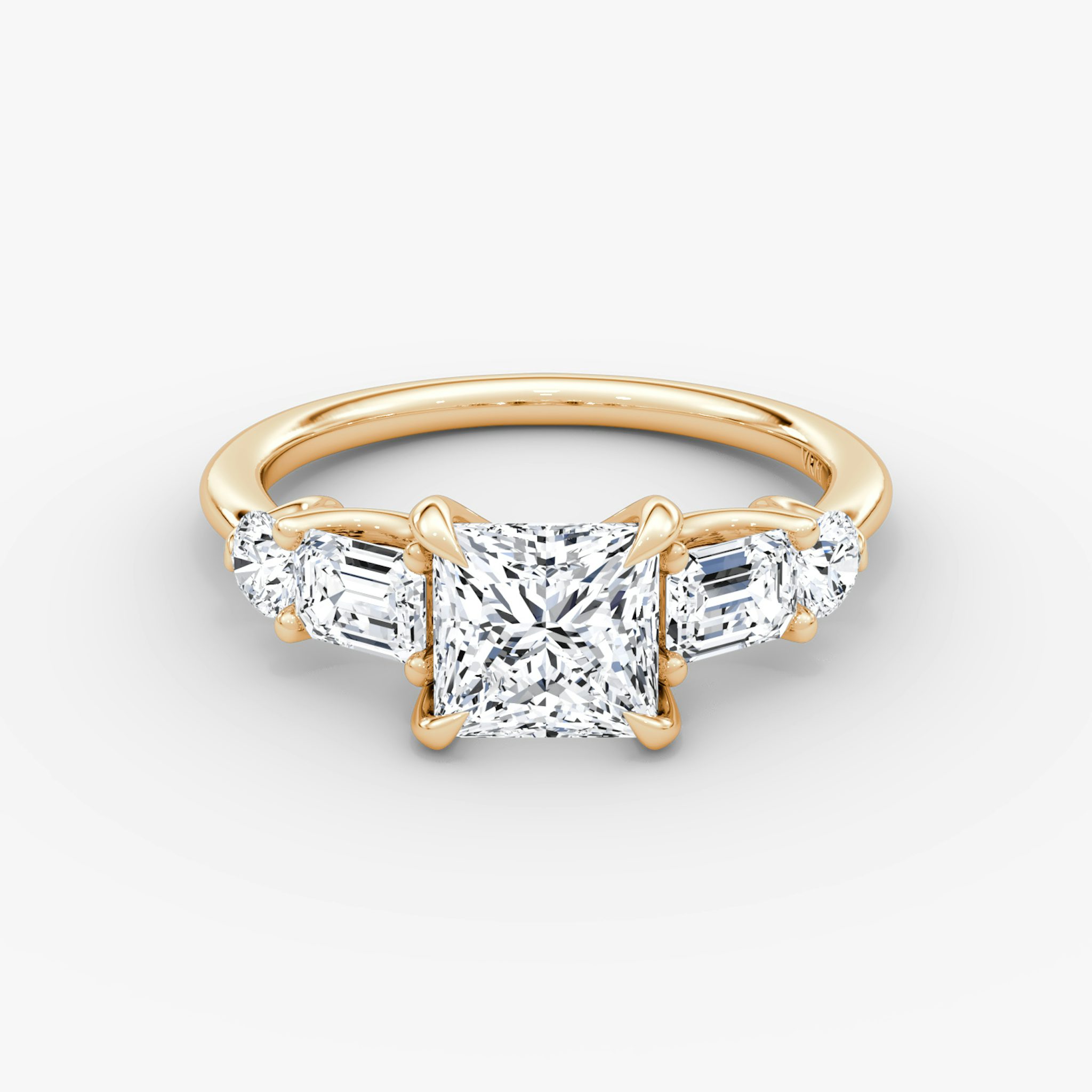 The Mixed Shape | Princess | 14k | Rose Gold | bandAccent: Plain | sideStoneOrientation: horizontal | sideStoneShape: Emerald and Round Brilliant | diamondOrientation: vertical | caratWeight: other