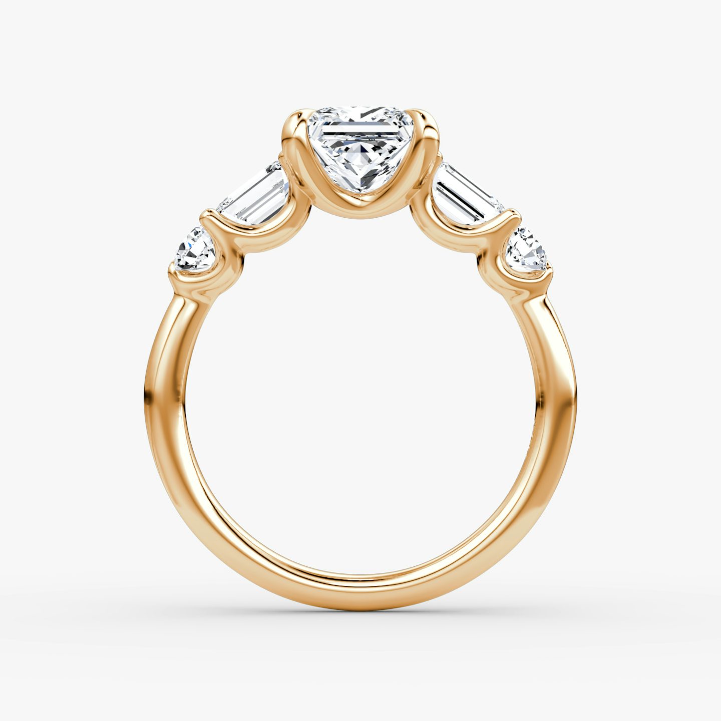 The Mixed Shape | Princess | 14k | Rose Gold | bandAccent: Plain | sideStoneOrientation: horizontal | sideStoneShape: Emerald and Round Brilliant | diamondOrientation: vertical | caratWeight: other