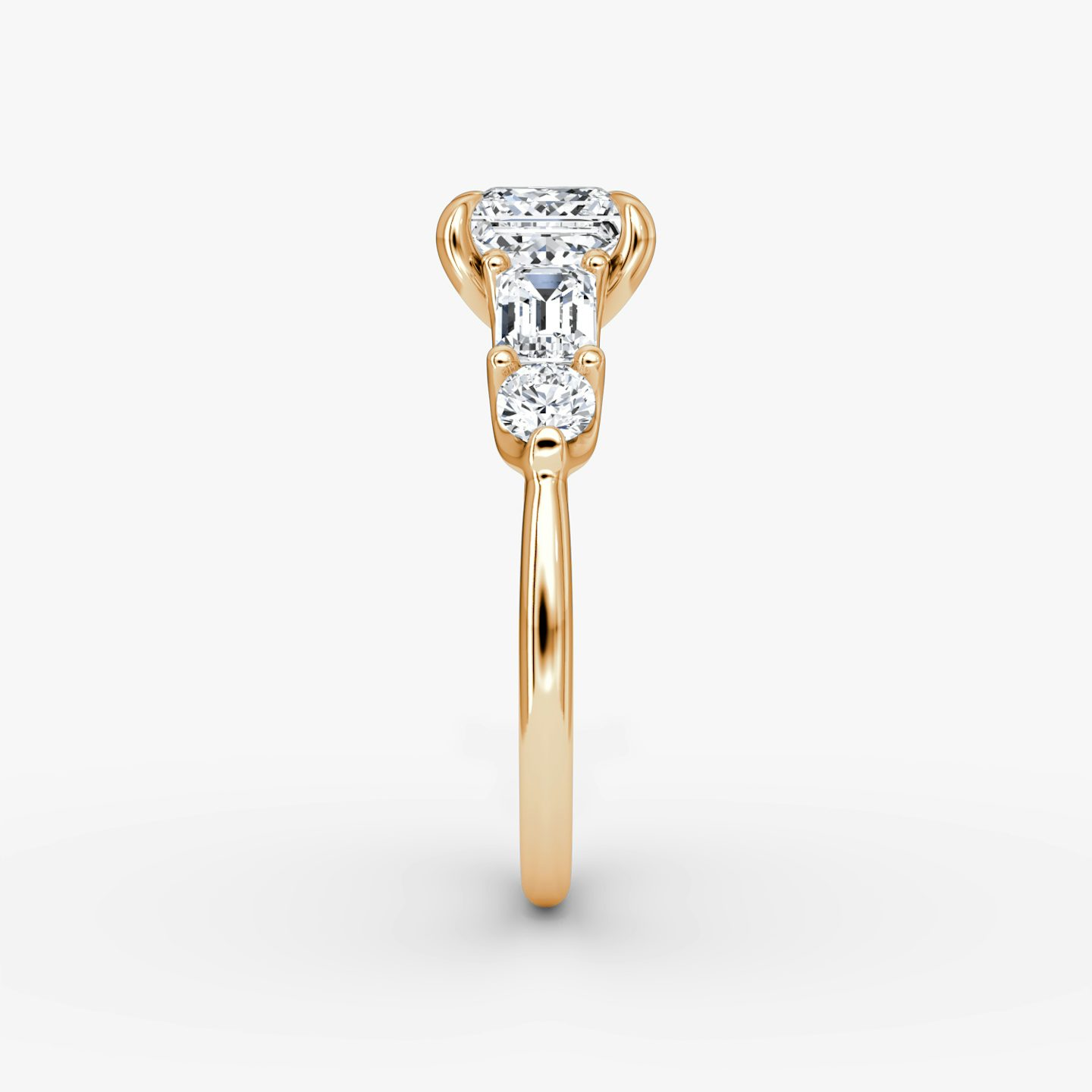 The Mixed Shape | Princess | 14k | Rose Gold | bandAccent: Plain | sideStoneOrientation: horizontal | sideStoneShape: Emerald and Round Brilliant | diamondOrientation: vertical | caratWeight: other