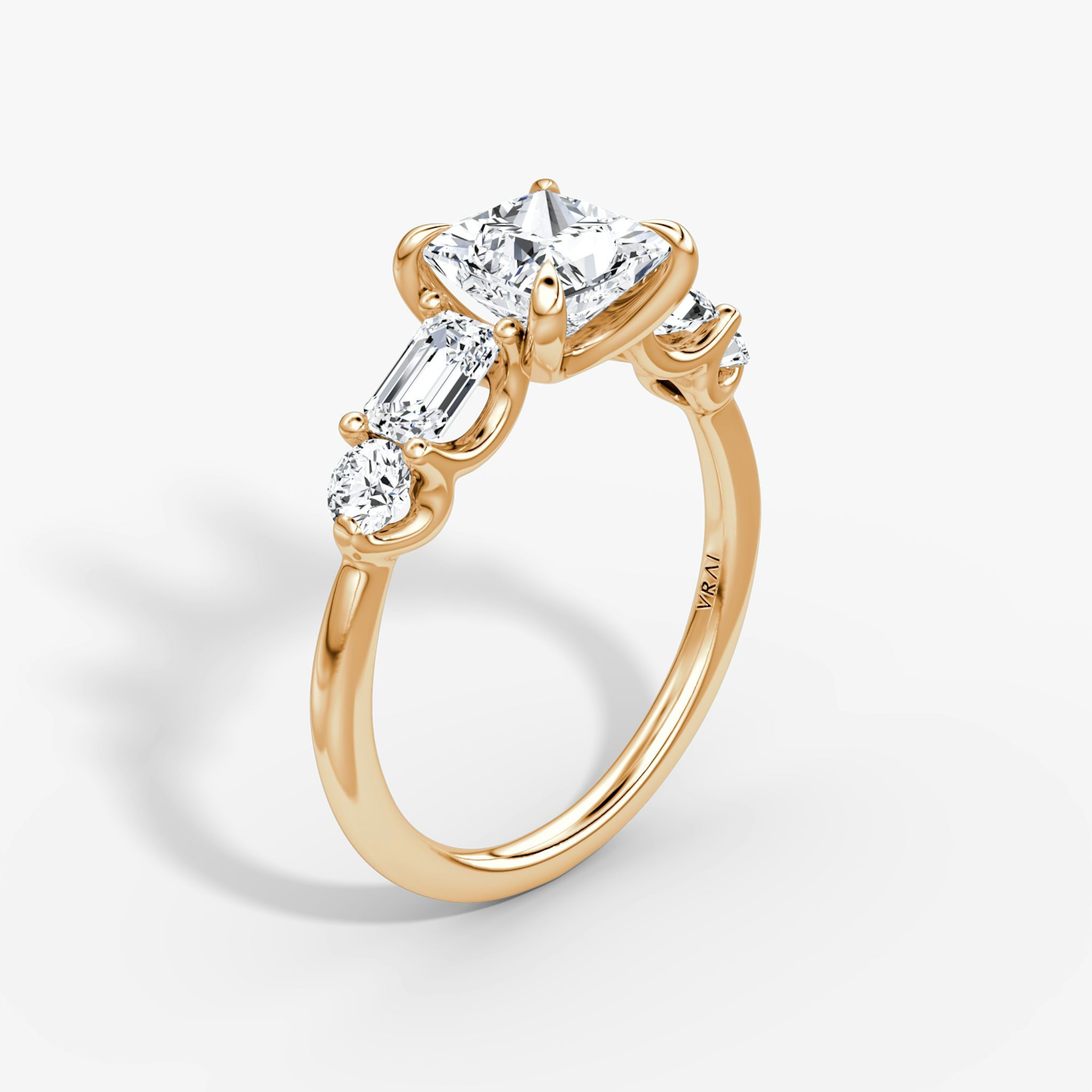 The Mixed Shape | Princess | 14k | Rose Gold | bandAccent: Plain | sideStoneOrientation: horizontal | sideStoneShape: Emerald and Round Brilliant | diamondOrientation: vertical | caratWeight: other