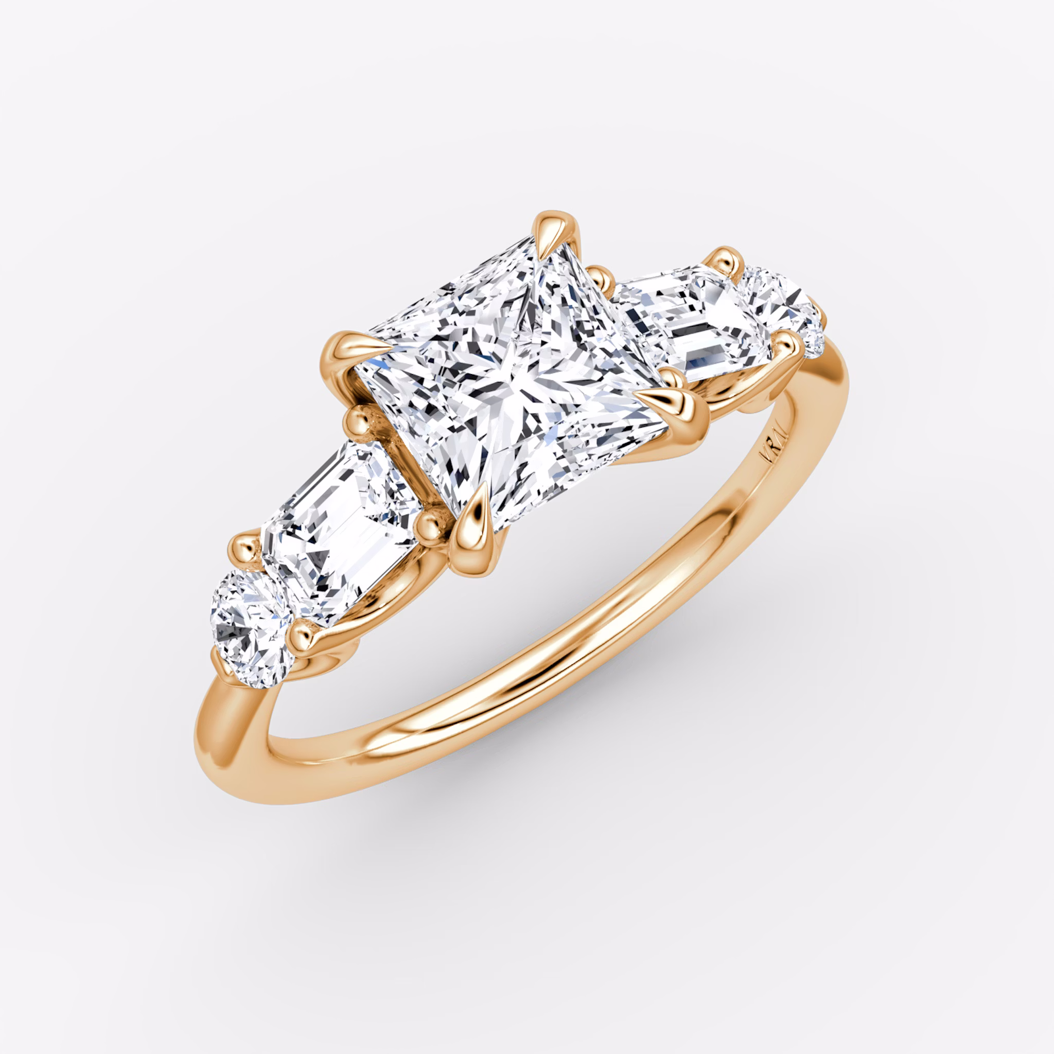 The Mixed Shape | Princess | 14k | Rose Gold | bandAccent: Plain | sideStoneOrientation: horizontal | sideStoneShape: Emerald and Round Brilliant | diamondOrientation: vertical | caratWeight: other