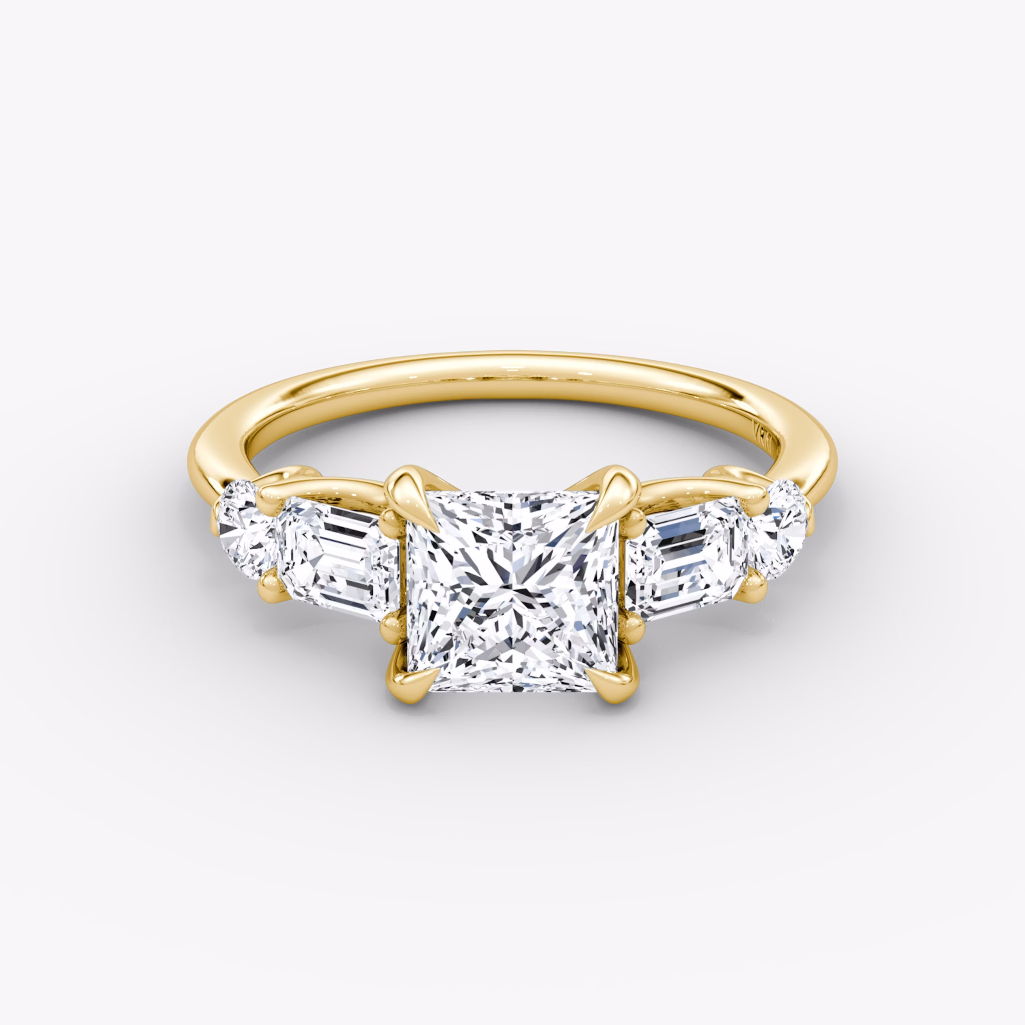 The Mixed Shape | Princess | 18k | Yellow Gold | bandAccent: Plain | sideStoneOrientation: horizontal | sideStoneShape: Emerald and Round Brilliant | diamondOrientation: vertical | caratWeight: other